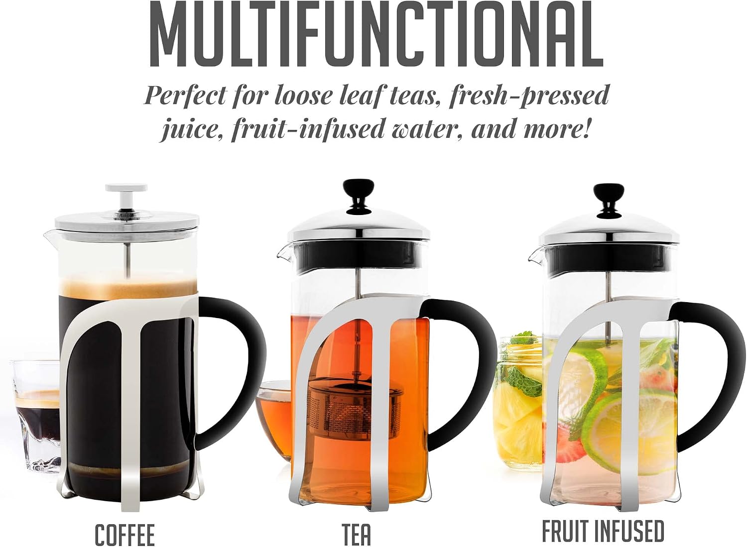 OVENTE French Press Coffee Maker, 34oz BPA-Free Cold Brewer, Clear FGC34T | Heat Resistant Borosilicate Glass, 4-Level Filter System, Stainless Steel Plunger, Cafetera Tea Pot for Kitchen Travel Gifts