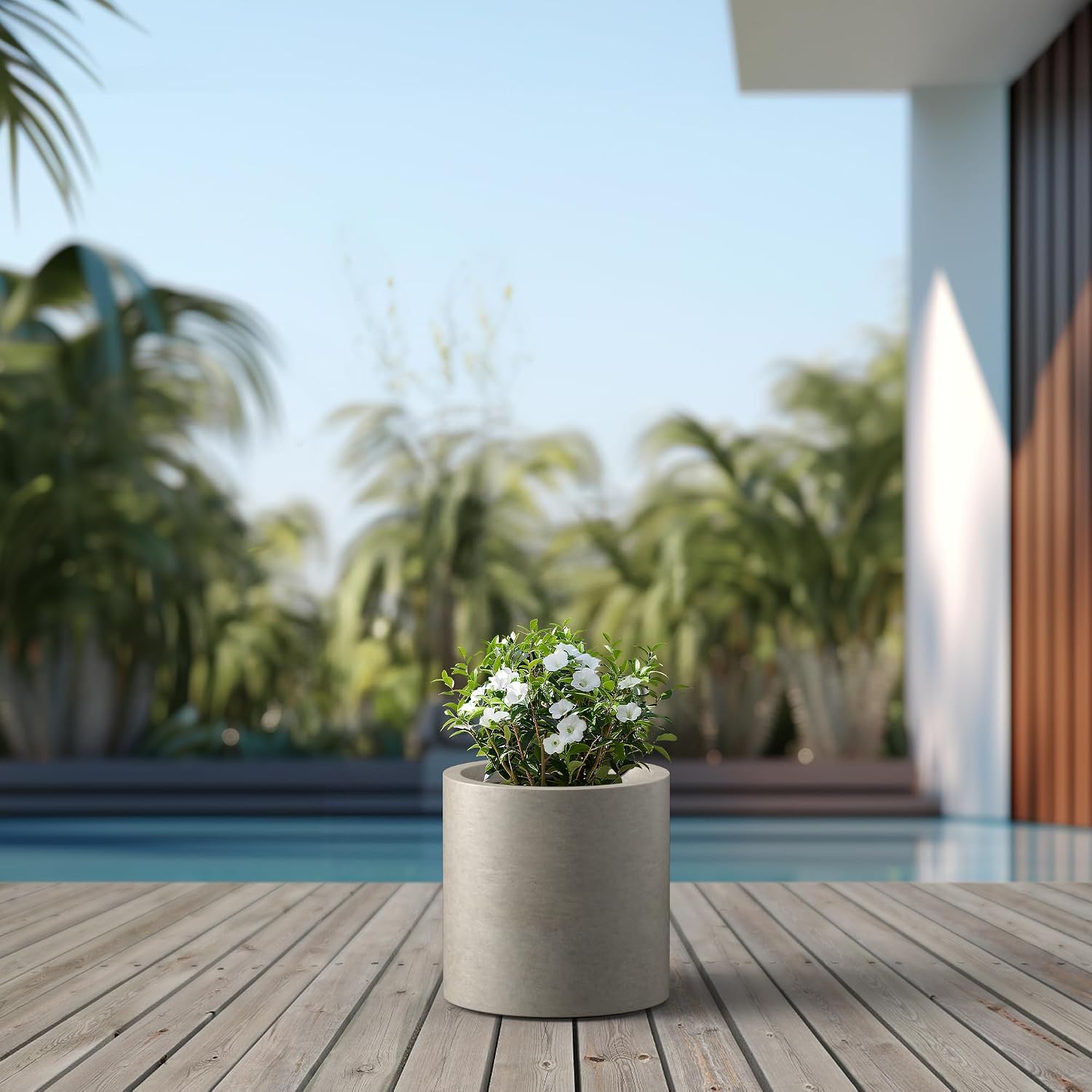 Kante Large Round Cylinder Charcoal Concrete Planter 15.8" Tall, Outdoor