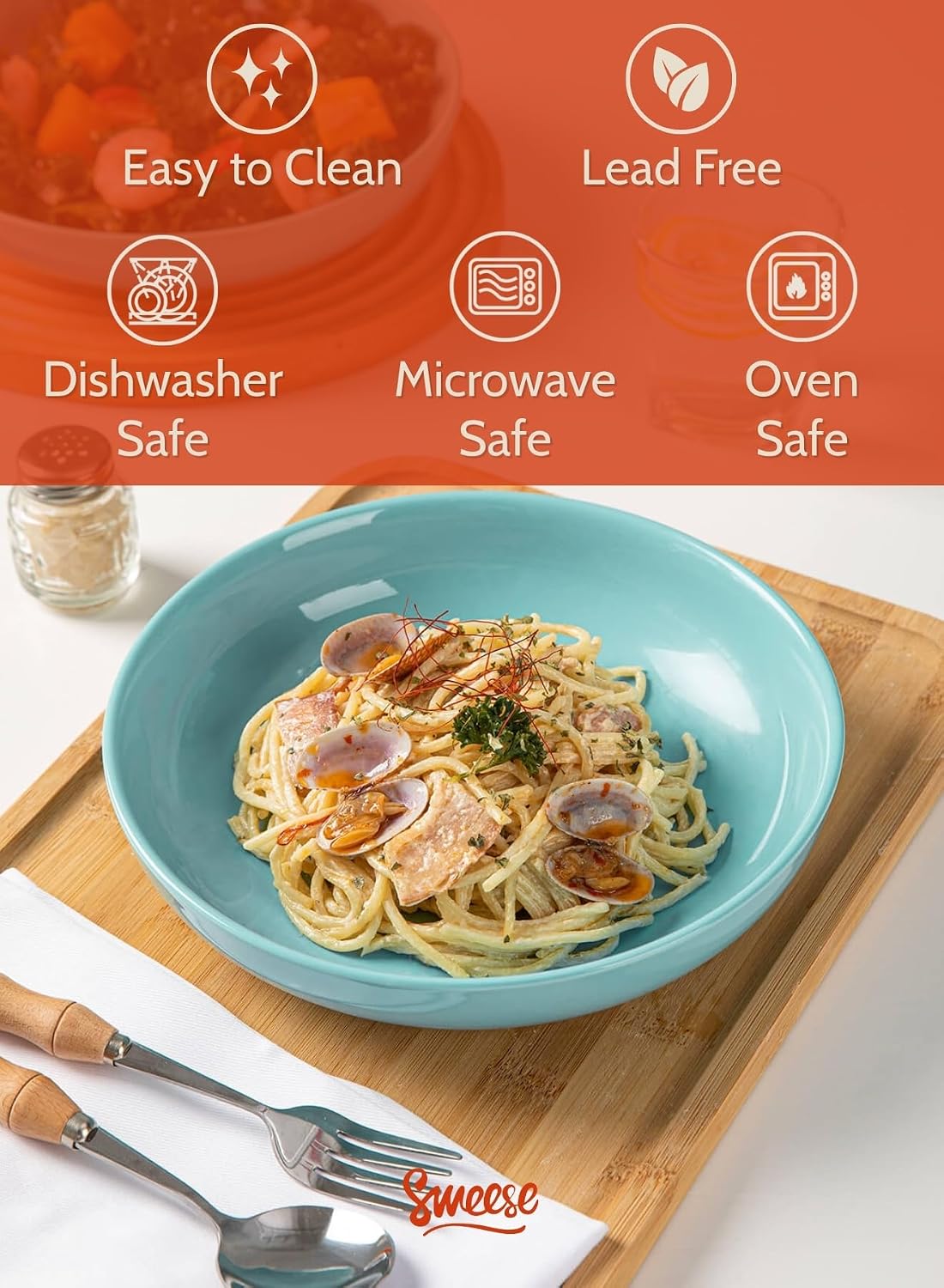 Sweese 22oz Porcelain Pasta Bowls Set of 6-7.6 Inch White Salad Serving Plates, Microwave Dishwasher Safe Dinnerware