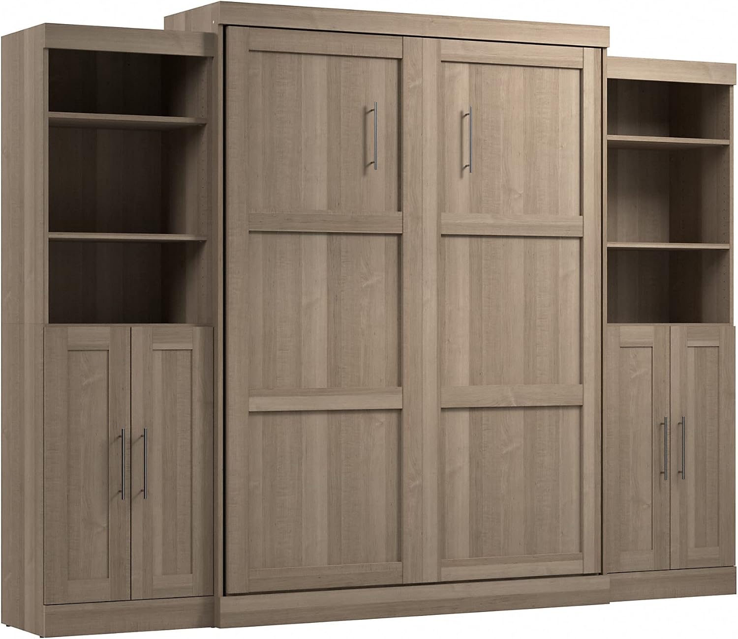 Bestar Pur Full Murphy Bed and 2 Shelving Units with Drawers, 109-inch Space-Saving Sleeping Arrangement in White | 2 Shelving Units with Drawers; supports up to 1000 lb; min. ceiling height 86.4 in.; dual piston mechanism; 10-year warranty