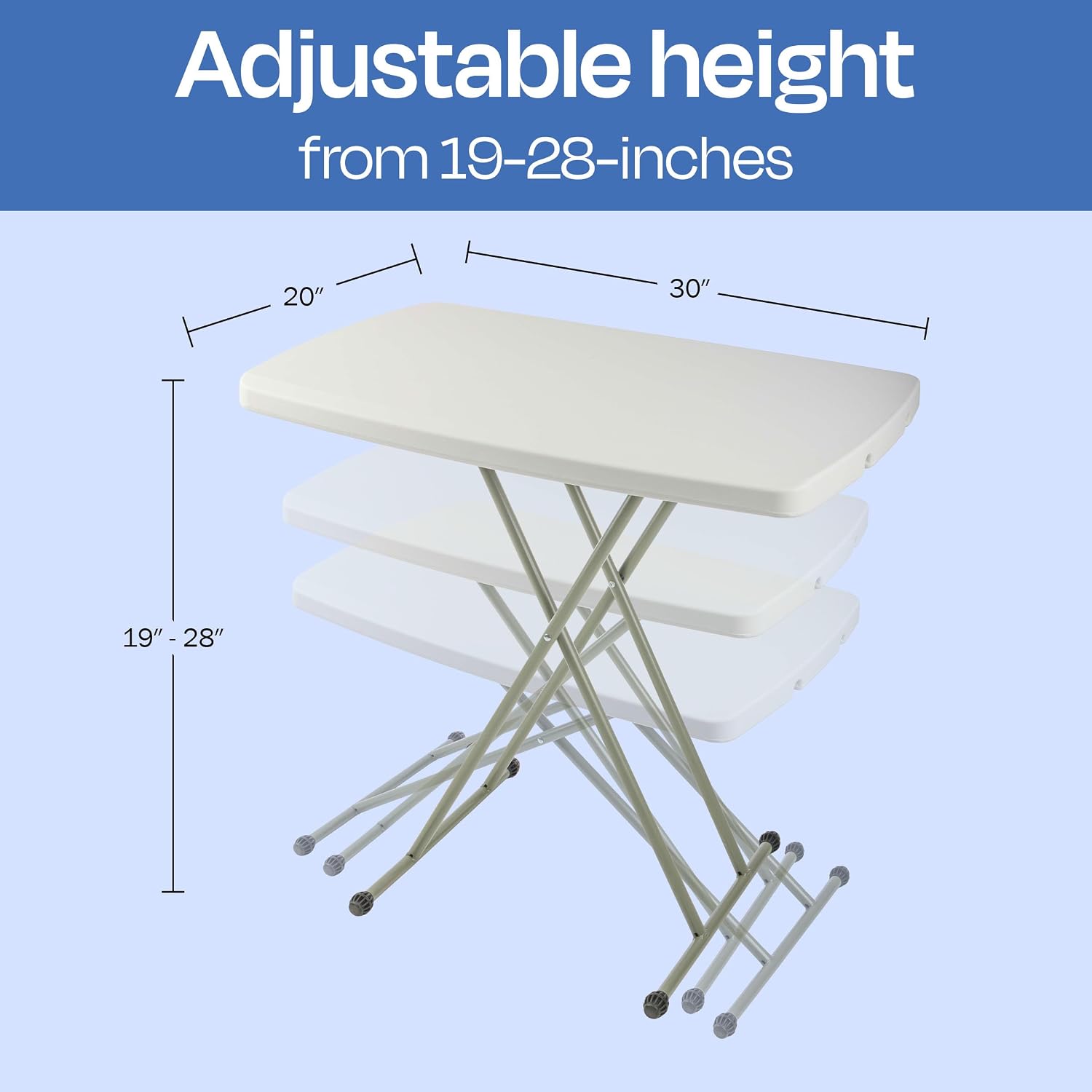 Lavish Home Small Adjustable Folding TV Tray Table, White, 19”H-24”H-28”H | Indoor and Outdoor Portable Lightweight Table, Plastic Snack Table, Small Desk for Laptop, Cards, Camping, Crafting, Party