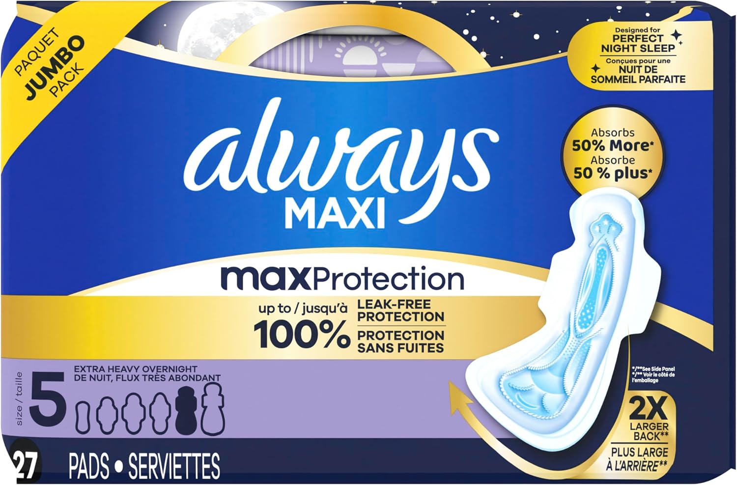 Always Maxi Overnight Pads with Wings for Women, Size 5, Extra Heavy Overnight Absorbency, Unscented, 36 Count
