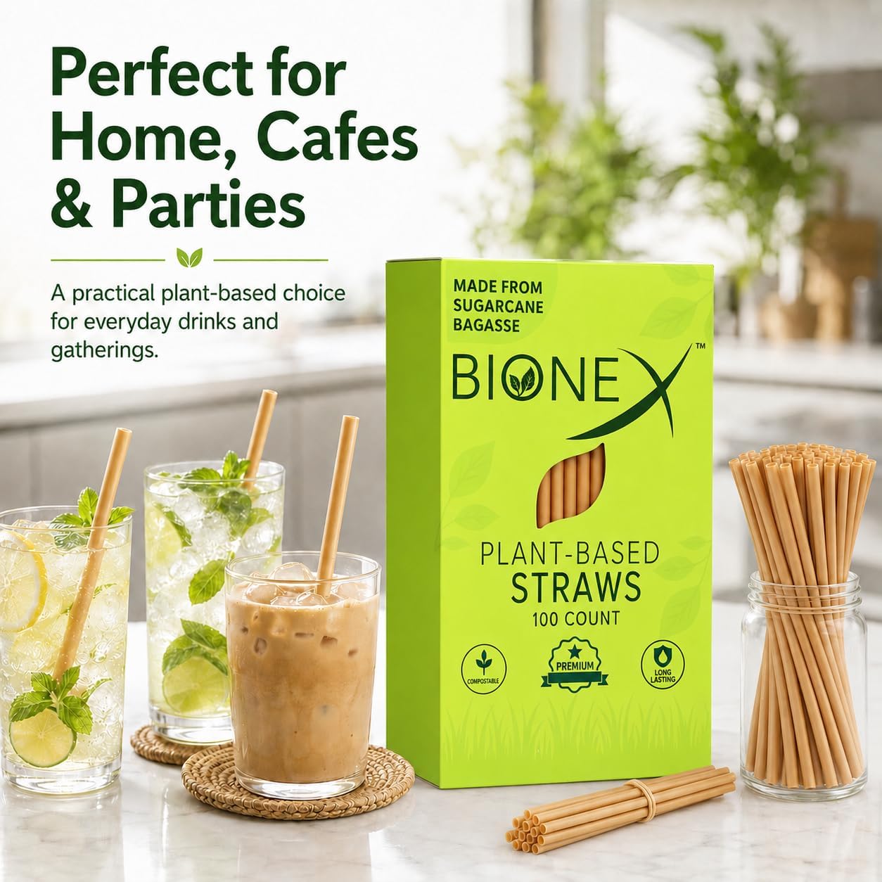 Bionex 8” Sugarcane Straws, 100 Count – Biodegradable & Compostable Disposable Drinking Straws, Made in USA