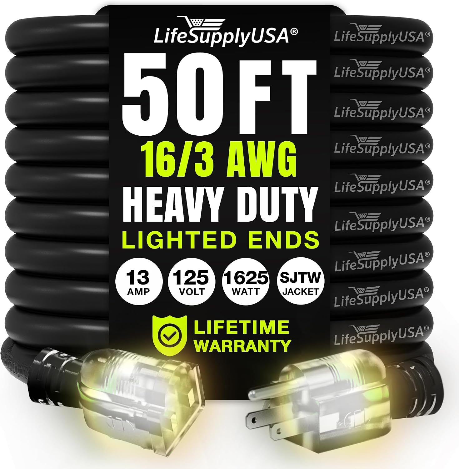 25ft Outdoor/Indoor Extension Cord 12/3 Gauge Extra Heavy Duty 3 Prong SJTW, Waterproof, Flexible Cold-Resistant Long Power Cord,15A 125V 1875W, Yellow by LifeSupplyUSA