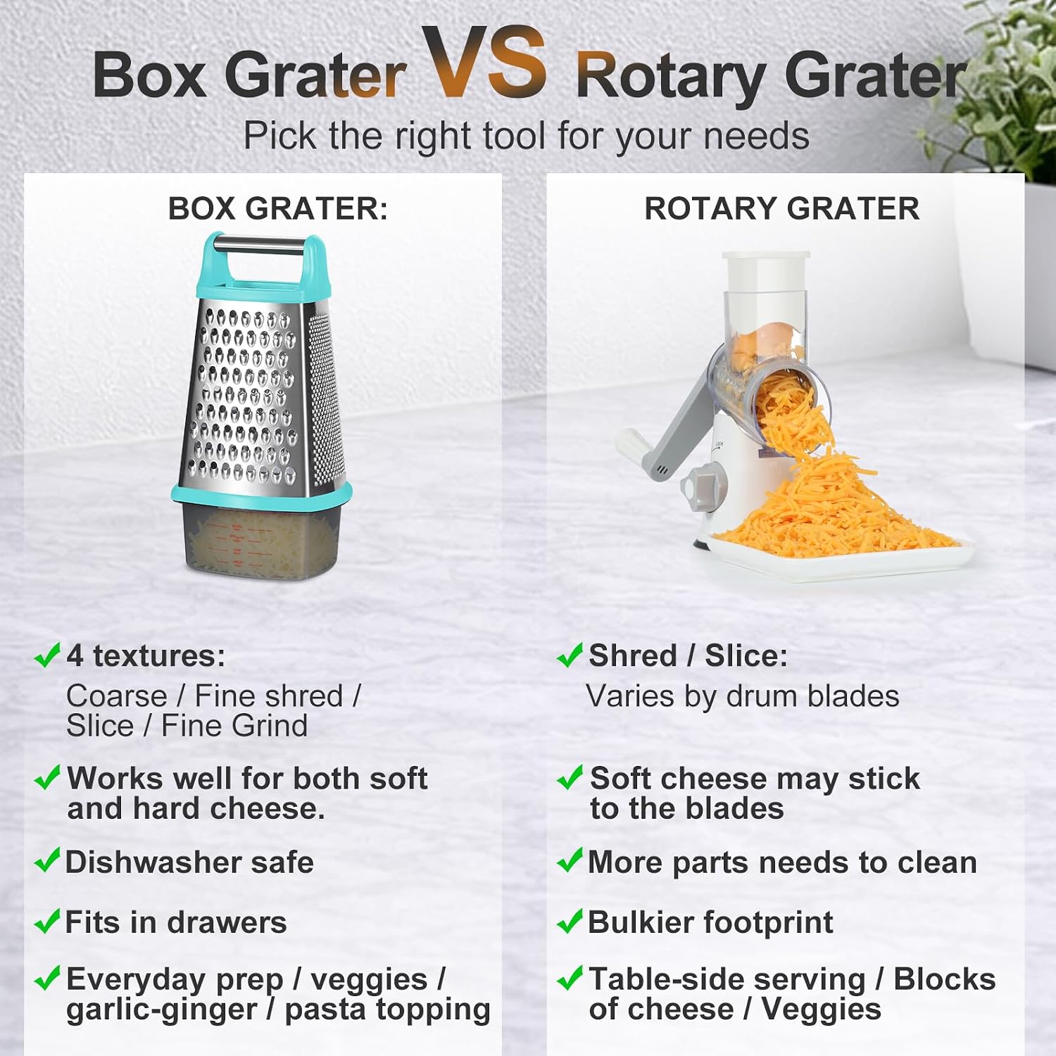 Ourokhome Cheese Grater with Handle, Stainless Steel Box Grater, 4 Side Kitchen Vegetable Shredder Slicer Zester with Container for Parmesan, Cabbage