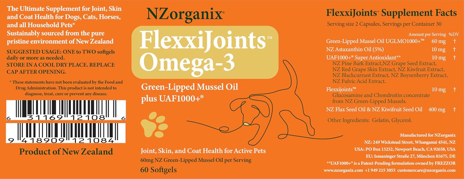 FlexxiJoints Omega-3 Hip and Joint Supplement • Green-Lipped Mussel Omega-3 Oil for Dogs • 100% New Zealand Green-Lipped Mussels (60 Softgels)
