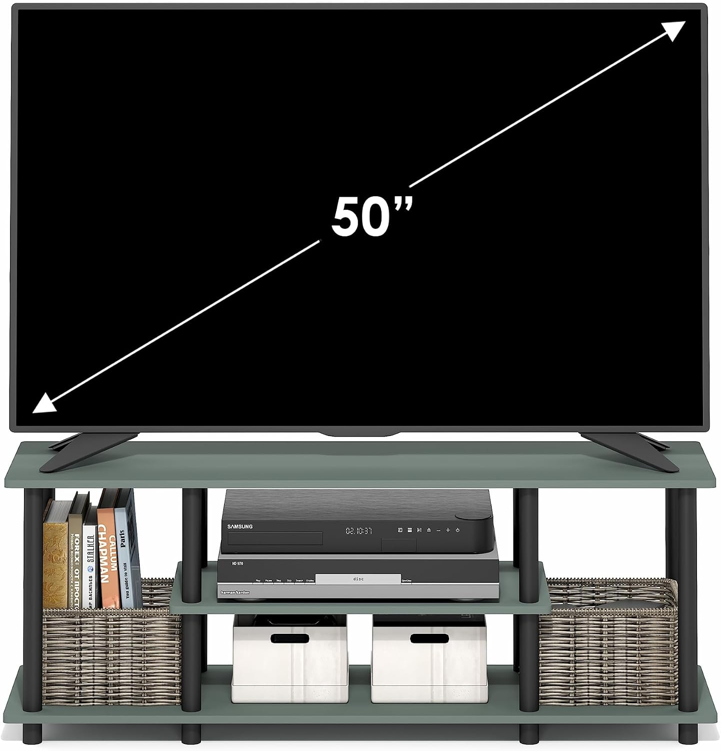 Furinno Turn-N-Tube No Tools 3D 3-Tier Entertainment TV Stand up to 50 inch TV, Round Tubes, French Oak Grey/Black | for TV up to 50 Inch, Open Frame Rectangular Entertainment Center with Storage Shelf, TV Console, for Living Room, Bedroom