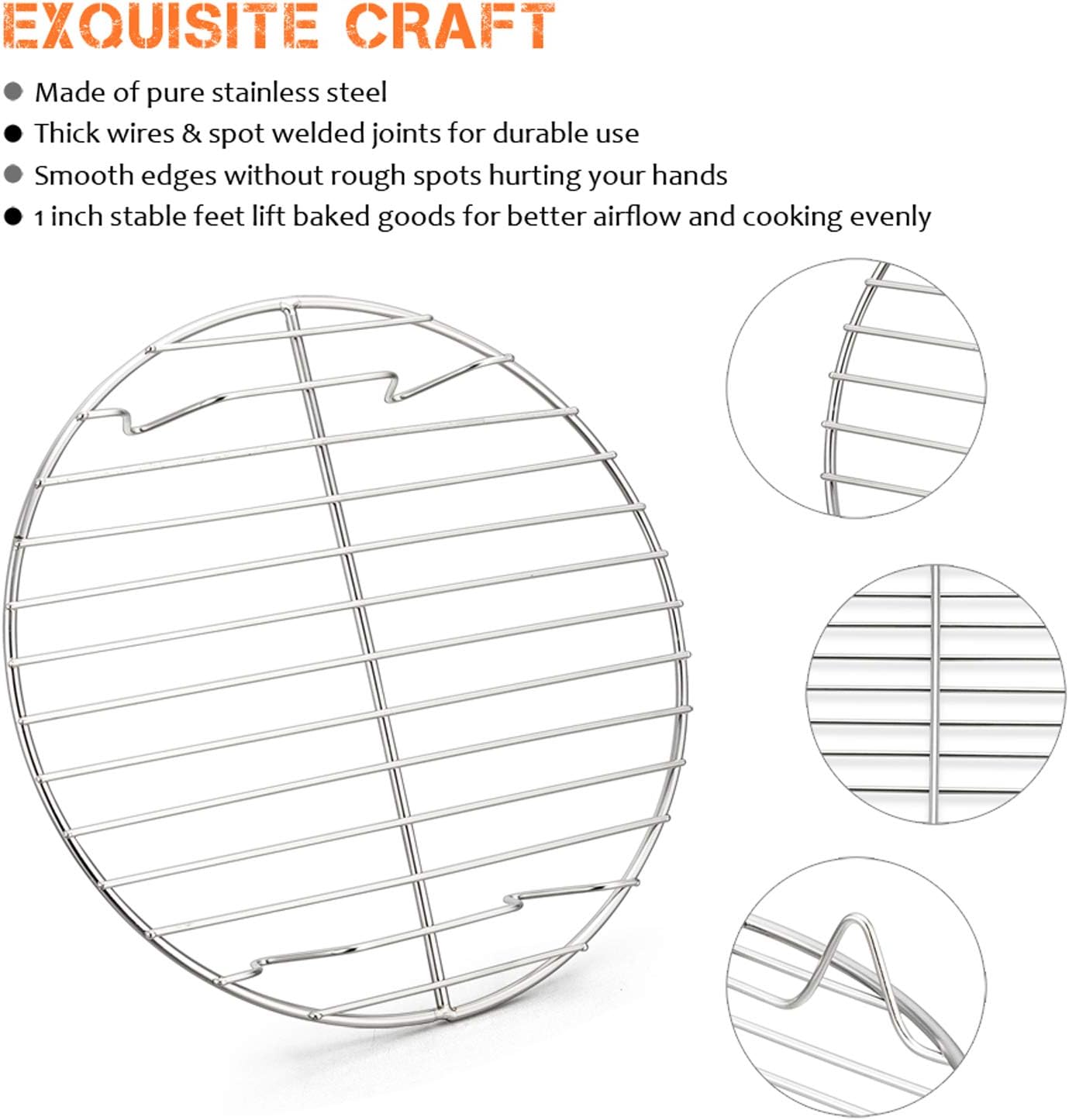 E-far Round Cooking Racks - Size 7½” & 9” & 10½” - Stainless Steel Round Steaming Baking Cooling Rack Set of 3, Multi-Purpose for Canning Air Fryer Pressure Cooker, Dishwasher Safe