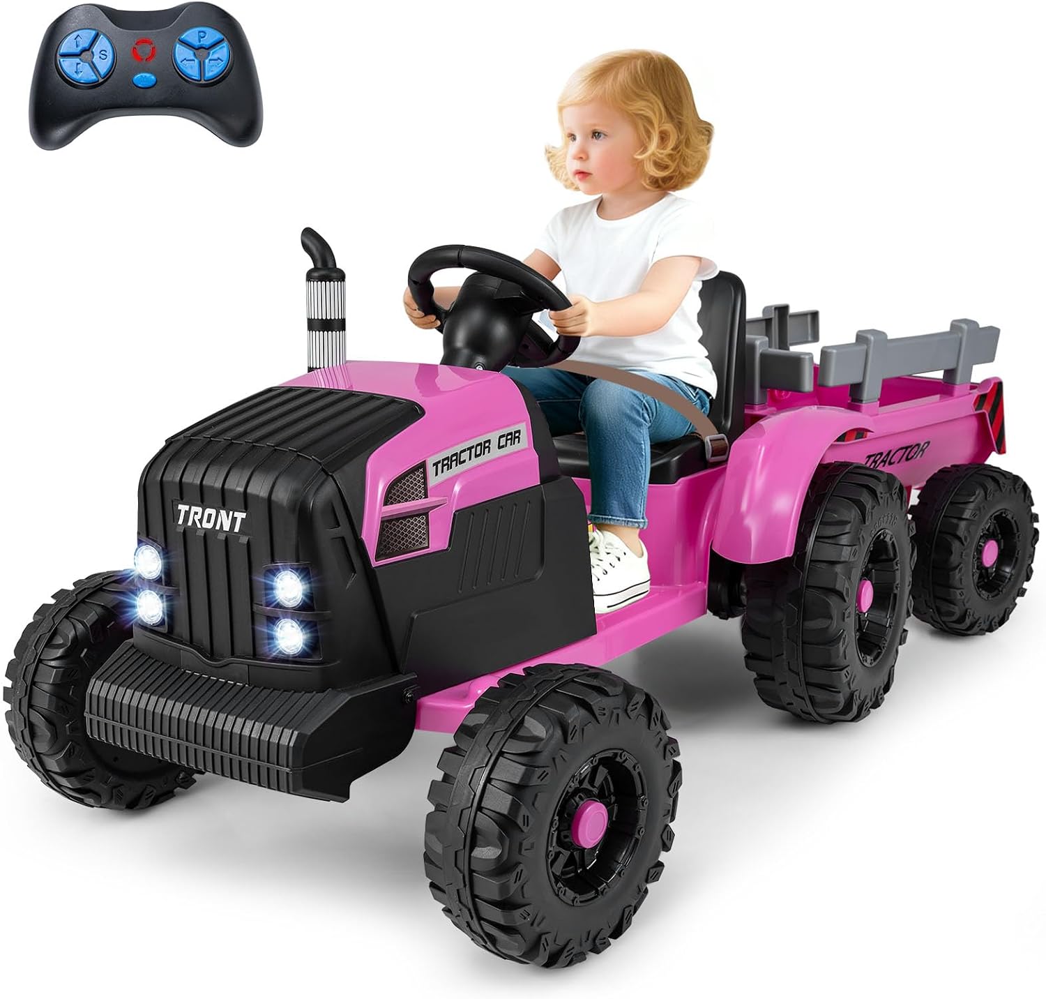 Costzon Ride on Tractor with Detachable Trailer, Kids' Electric Vehicles w/3-Gear-Shift Ground Loader, Wireless Design & USB, 7 LED Headlights