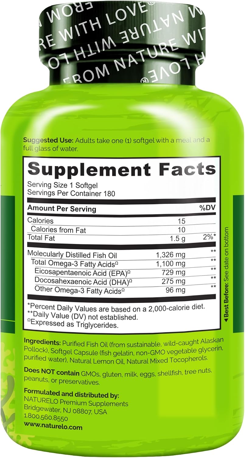 NATURELO Burpless Omega 3 Fish Oil Supplement, 1100mg, 60 Softgels | Triglyceride omega-3, omega 3 DHA EPA, liquid fish oil, 2 months supply