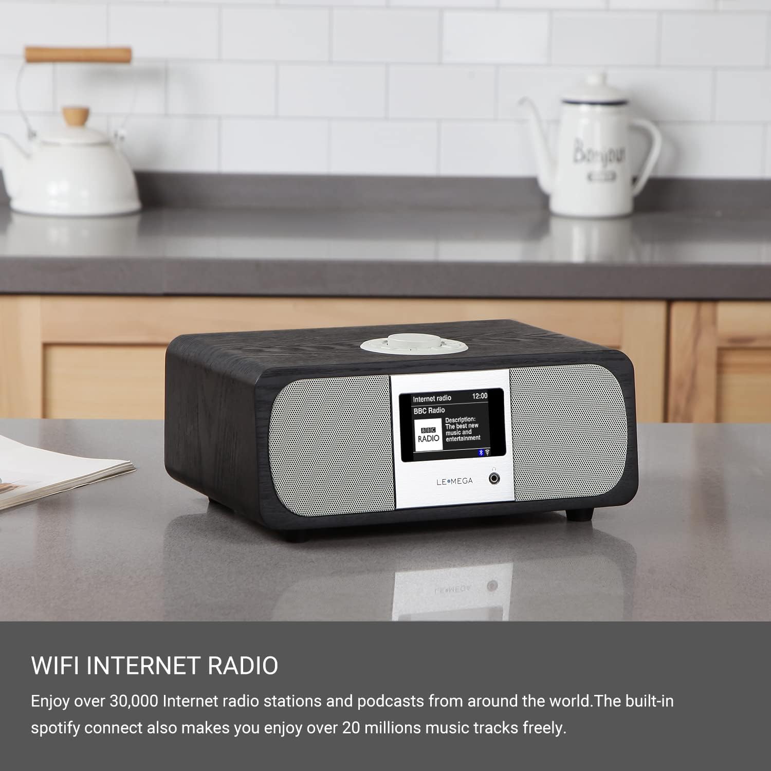 LEMEGA M3+ Internet Radio, Podcasts,Spotify, Bluetooth, FM Stereo, Walnut | Full colour display, 40 presets, remote control, acoustic wooden cabinet, headphone jack, USB, AUX-in, dual alarms clock