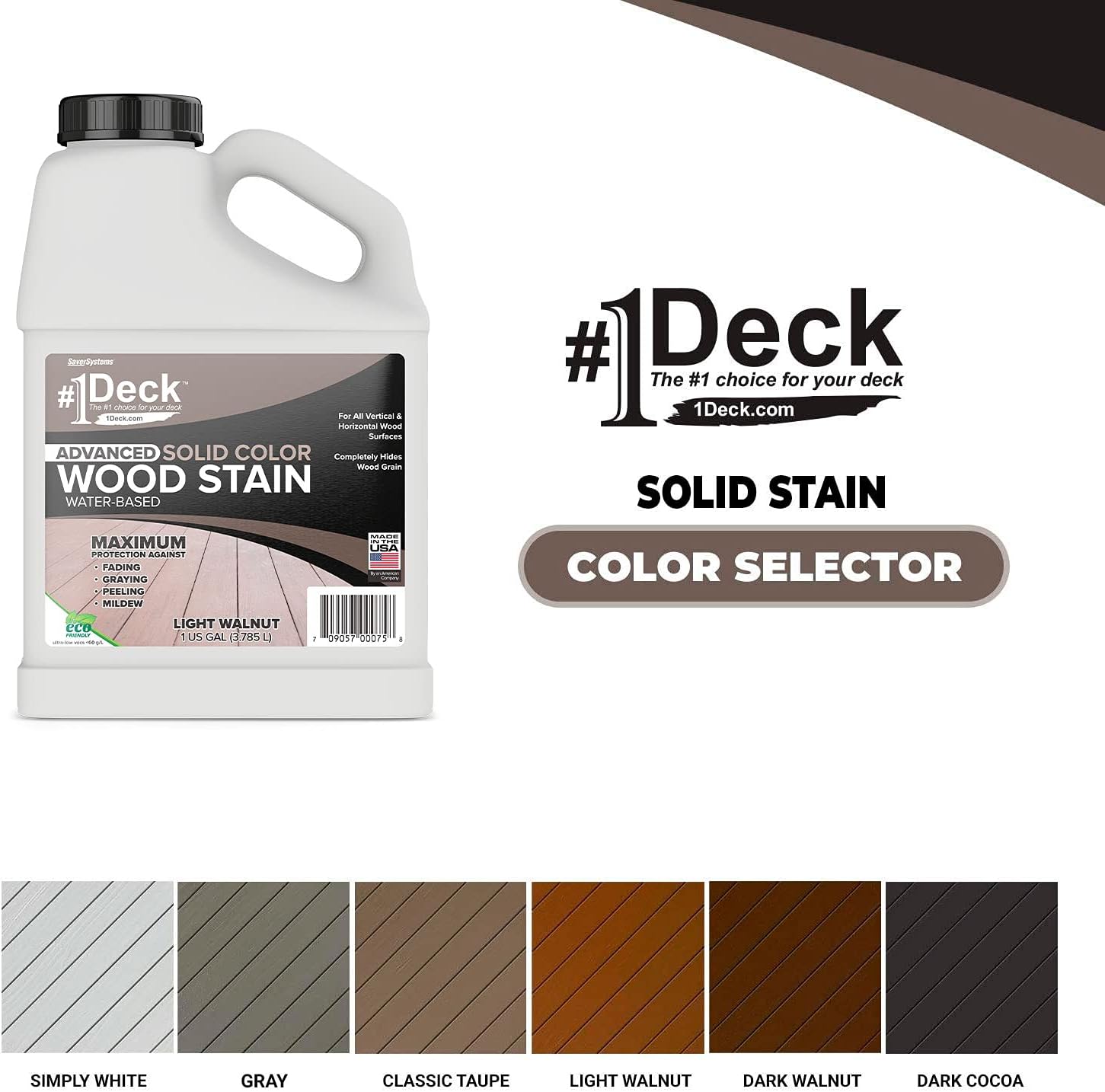 #1 Deck Premium Advanced Solid Color Outdoor Wood Stain and Sealer in One – Water Based Sealant for Wood Decks, Fences, & Siding - 1 Gal - Made in USA - Simply White