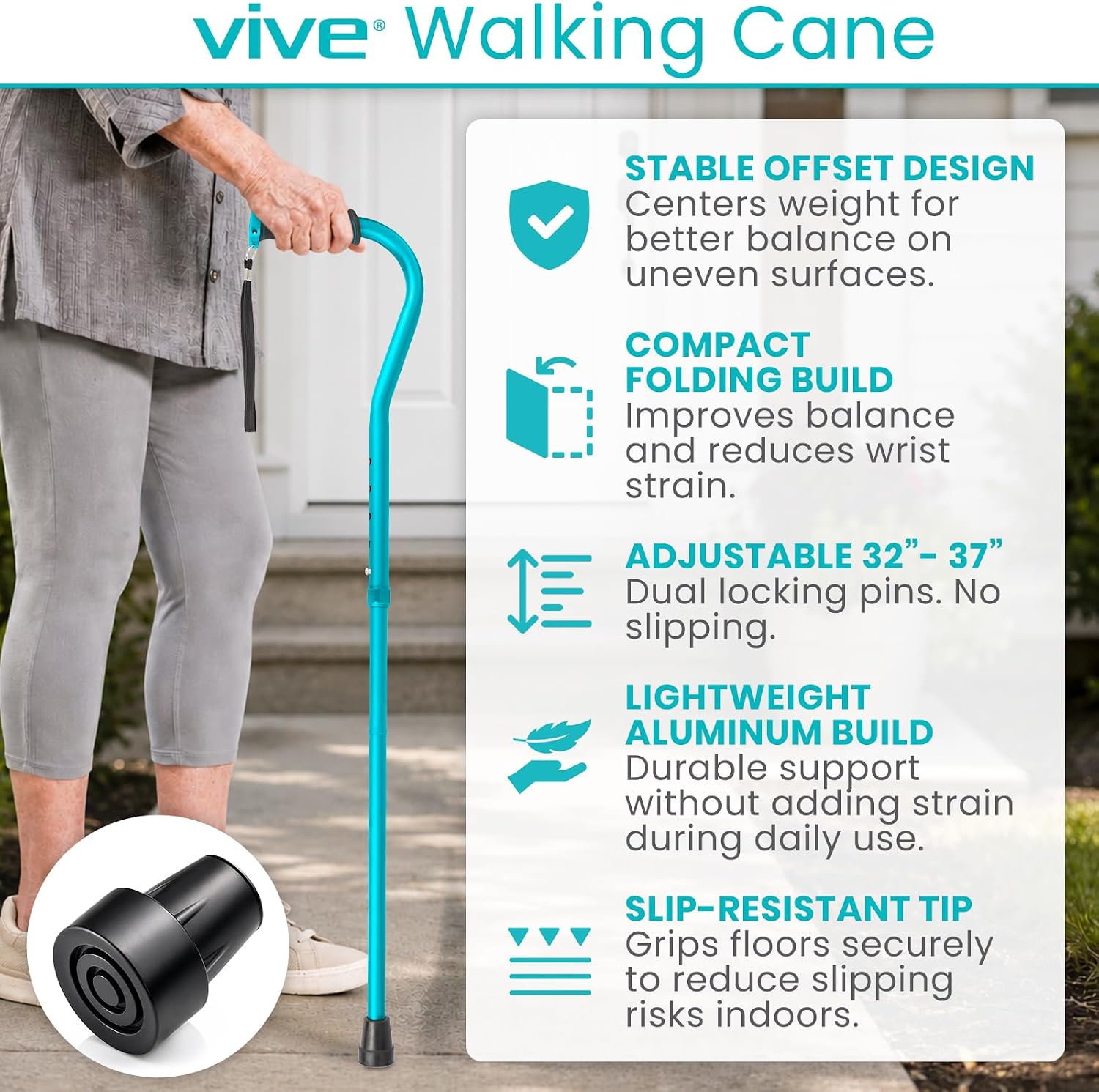 Vive Walking Cane for Women, Men, Elderly - Patented Offset Grip