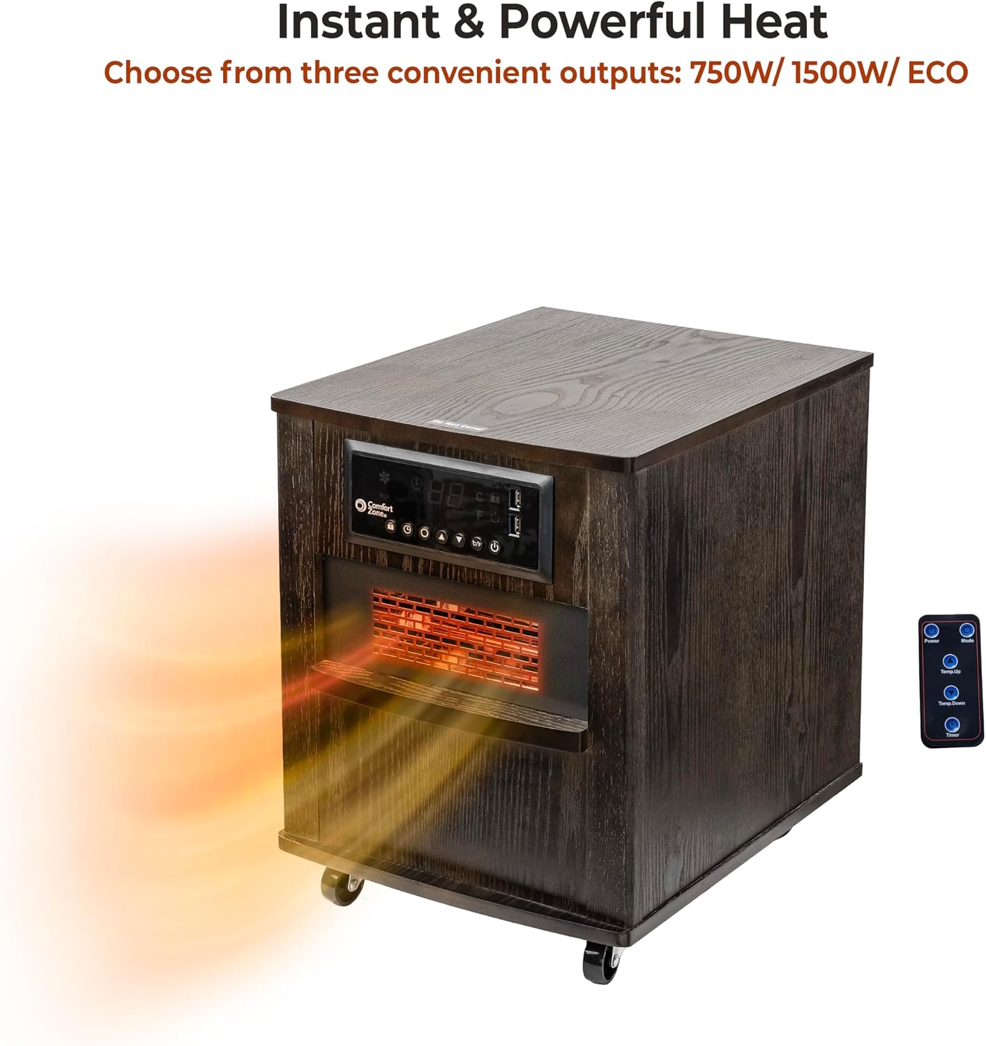 Comfort Zone Indoor Space Heater, 20 inch, 1,500 watt, Cabinet Heater with Remote, Infrared, Quartz, USB Charging Ports, Timer, Tip Over Switch & Overheat Protection, Ideal for Home & Office, CZ2062W