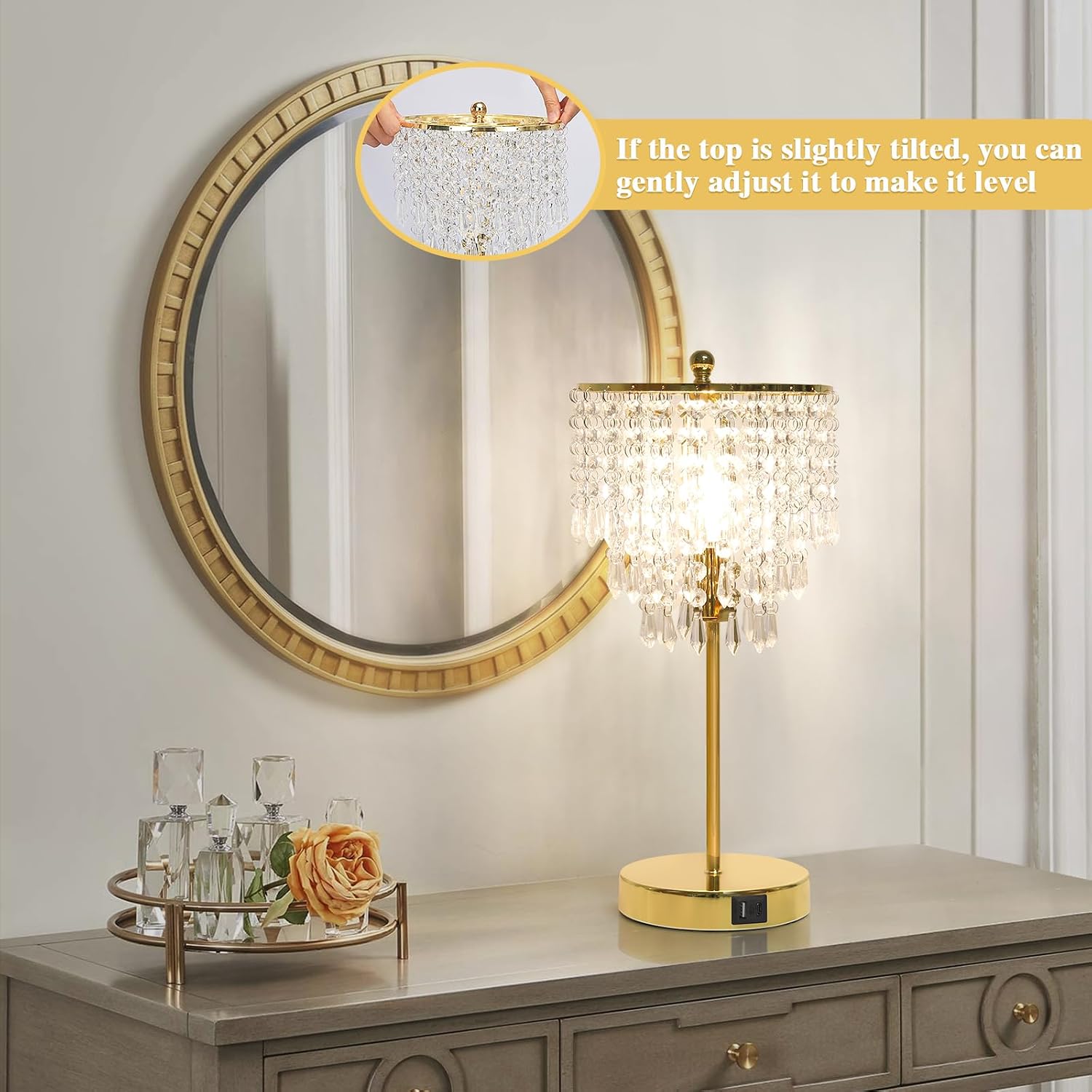 Touch Control Crystal Table Lamp with USB C+A Charging Ports, 3-Way Dimmable Bedside Touch Lamp Decorative Nightstand Lamp with Elegant Lampshade for Living Room Bedroom, B11 LED Bulb Included