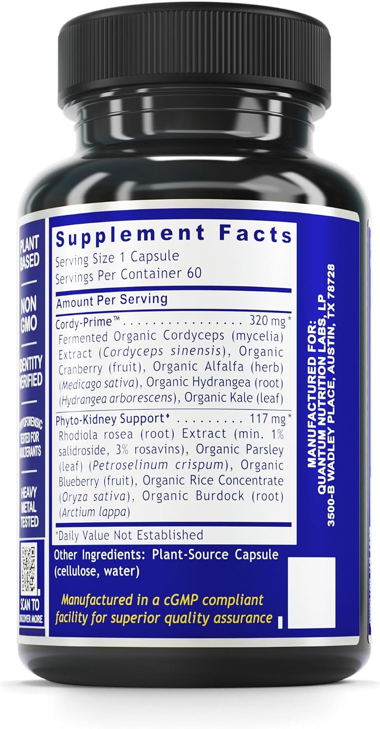 Quantum Nutrition Labs Kidney Support - Kidney Health Supplement, Natural Antioxidant Support for Men and Women with Cranberry, Rhodiola Rosea
