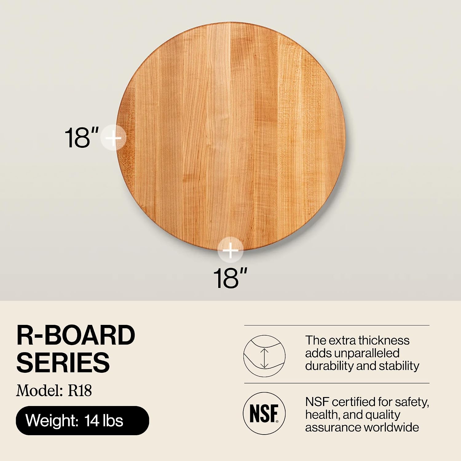 John Boos R-Board Series Round Wooden Maple Cutting Board 18”x18” – 1.5” Thick, 14-lb Reversible Butcher Block with Edge-Grain – Made in the USA