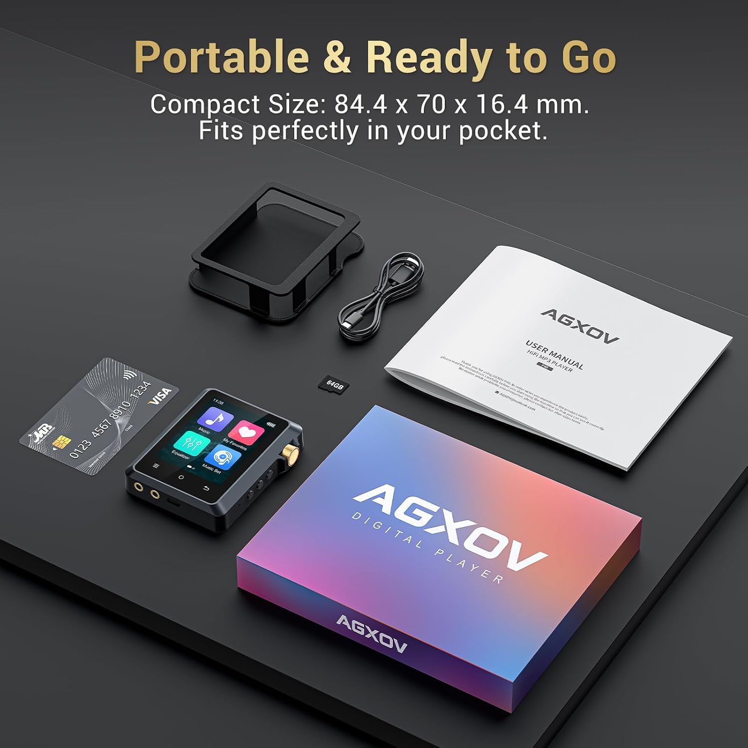 128GB MP3 Player with Bluetooth 5.4, AGXOV Music Player with Built-in HD Speaker, FM Radio, Voice Recorder, HiFi Sound, E-Book, Earphones Included