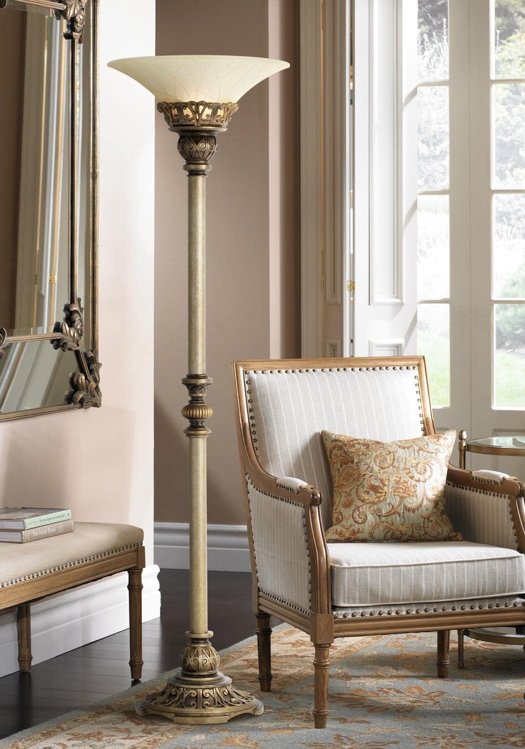 Timeless Elegance 71" Tall Traditional Torchiere Floor Lamp | Standing Large Foot Switch Metal Wood Finish Living Room Bedroom House Reading Office