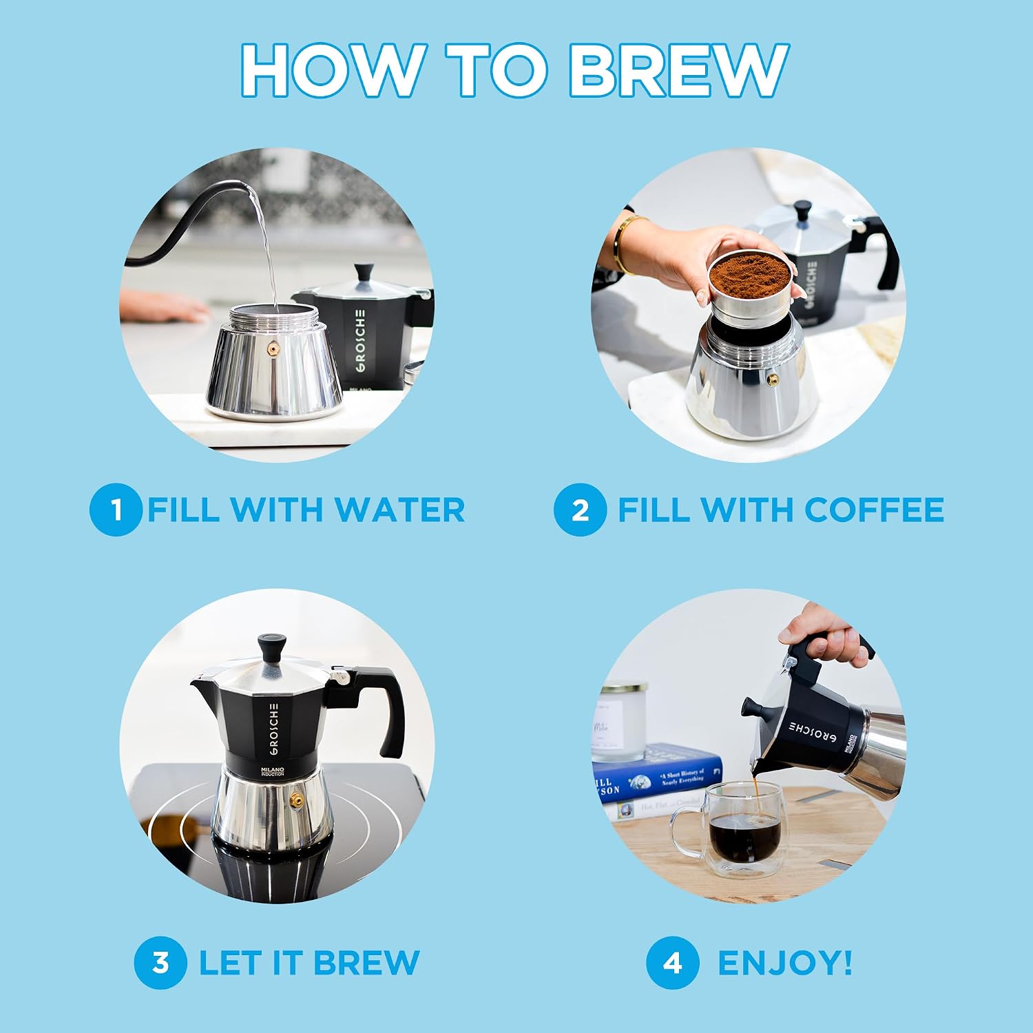 GROSCHE Milano Moka Pot | 9 Espresso Cup - 15.2 oz | Stovetop Espresso Percolator & Coffee Maker – Portable, Ideal for Home and Camping | Cuban Coffee Maker And Italian Moka Pot For Stovetop Espresso; For Gas, Electric, And Propane Stoves With A Soft-Tou…