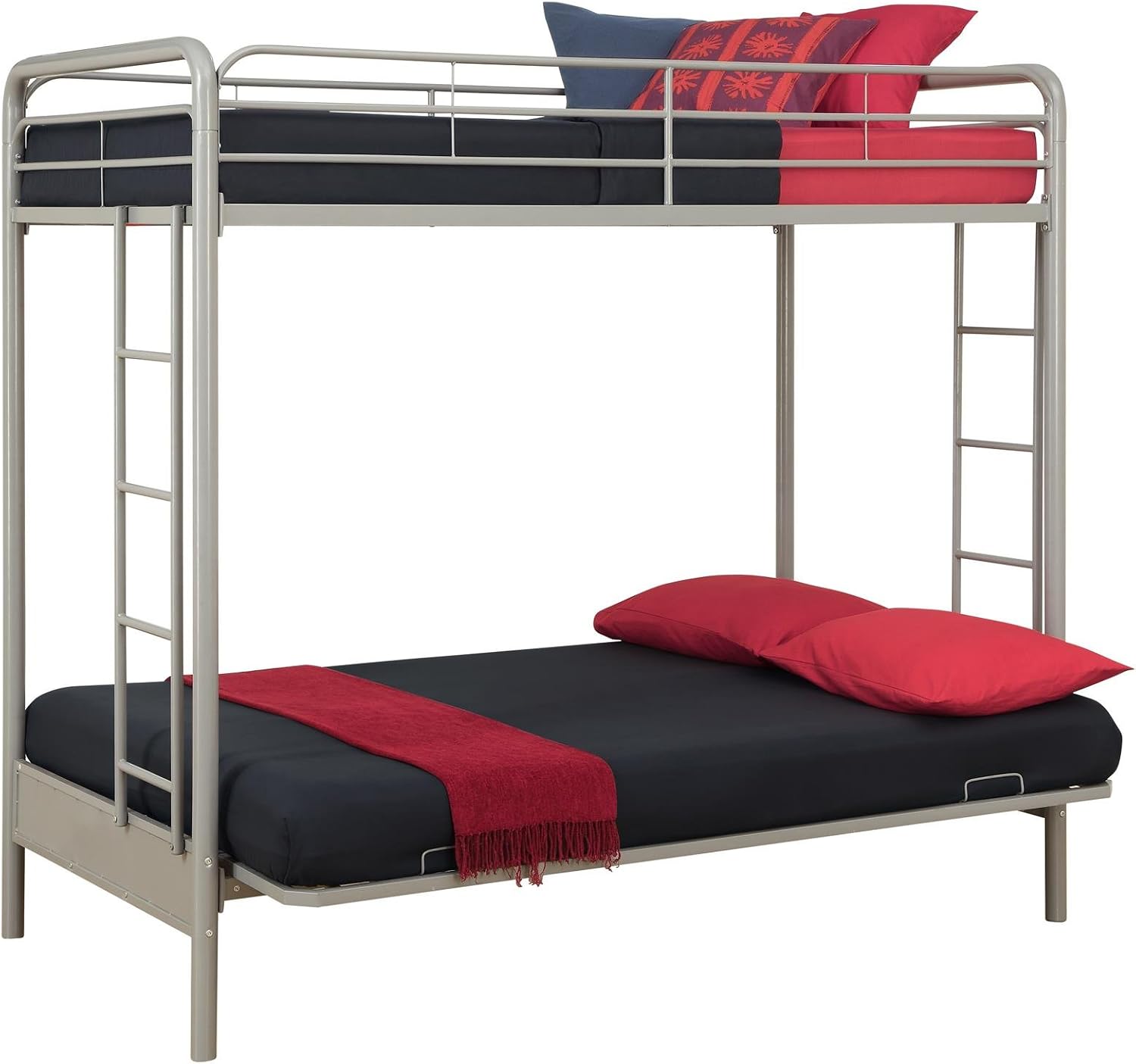 DHP Twin-Over-Futon Convertible Couch and Bed with Metal Frame, Ladder and Guardrails - Black