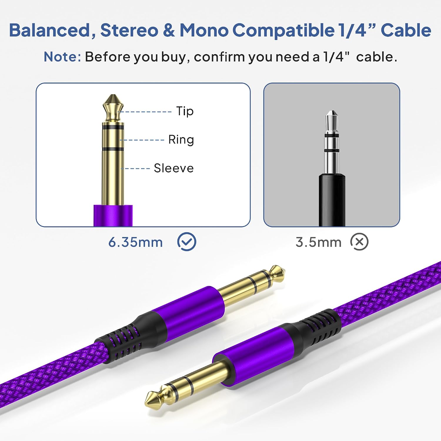 Elebase 1/4 Inch TRS Instrument Cable 10FT 2Pack,6.35mm Male Guitar Cord 3M