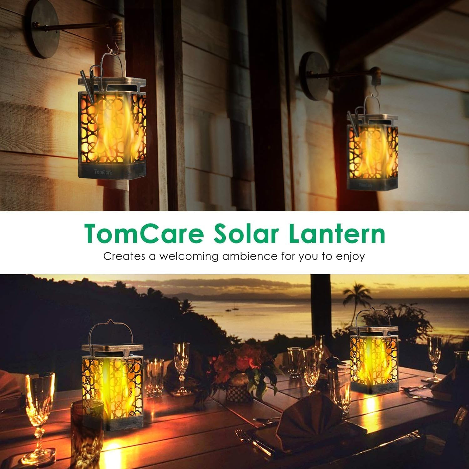 TomCare Solar Lanterns Outdoor, Flickering Flame Hanging Lights, 2 Pack