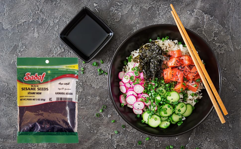Sadaf Black Sesame Seeds - Sesame Seeds for Cooking and Food Flavoring - Spice Mediterranean Cuisine - Semillas de Ajonjoli - Kosher - 3 Oz Resealable Bag