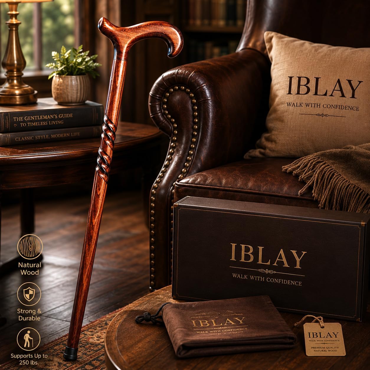 IBLAY Handmade Natural Wood Walking Cane for Men & Women – 36 Inch Wooden Walking Stick with Ergonomic Derby Handle, Classic Brown Finish