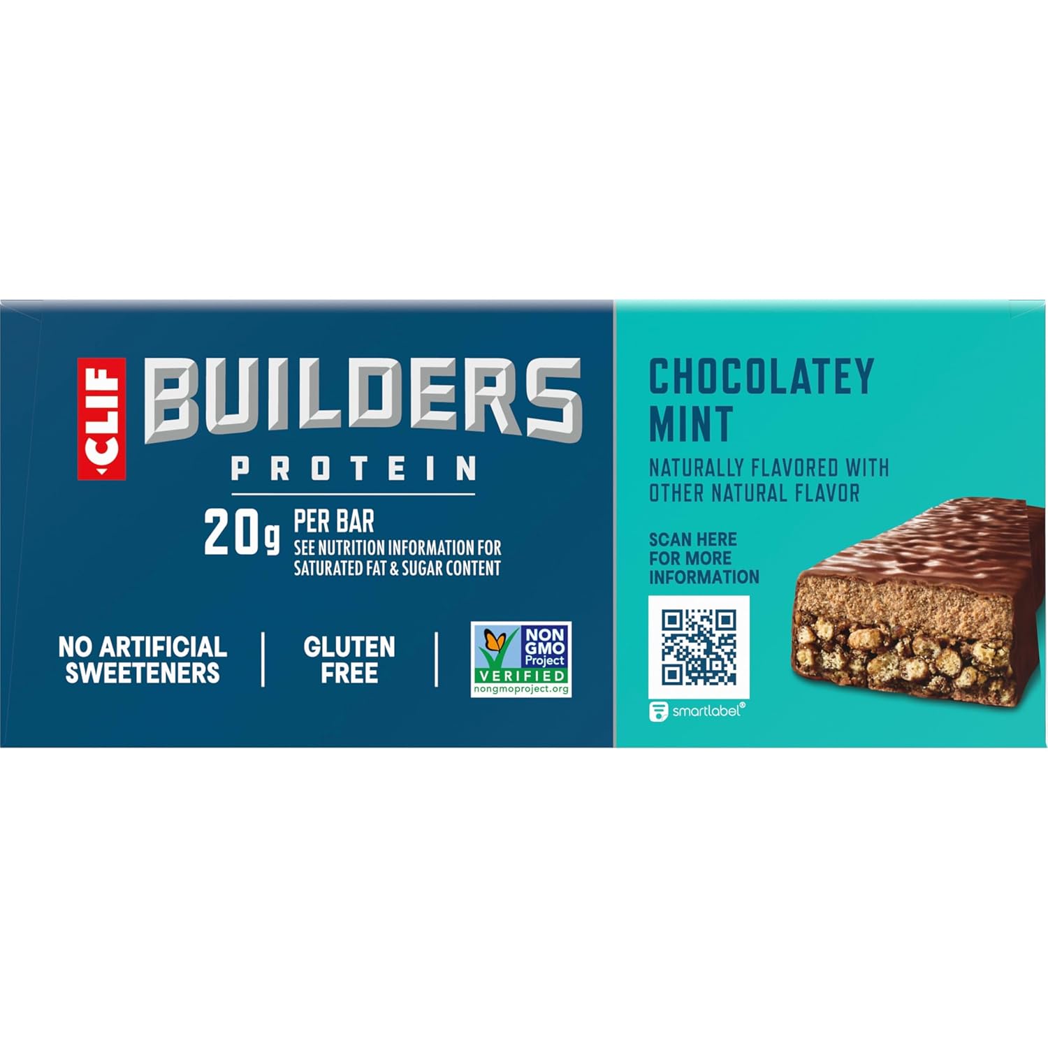 CLIF BUILDERS Protein Bars - Chocolate Mint Flavor - 20g Plant Based Protein - Gluten Free - Non-GMO - Low Glycemic - No Artificial Sweeteners - 2.4