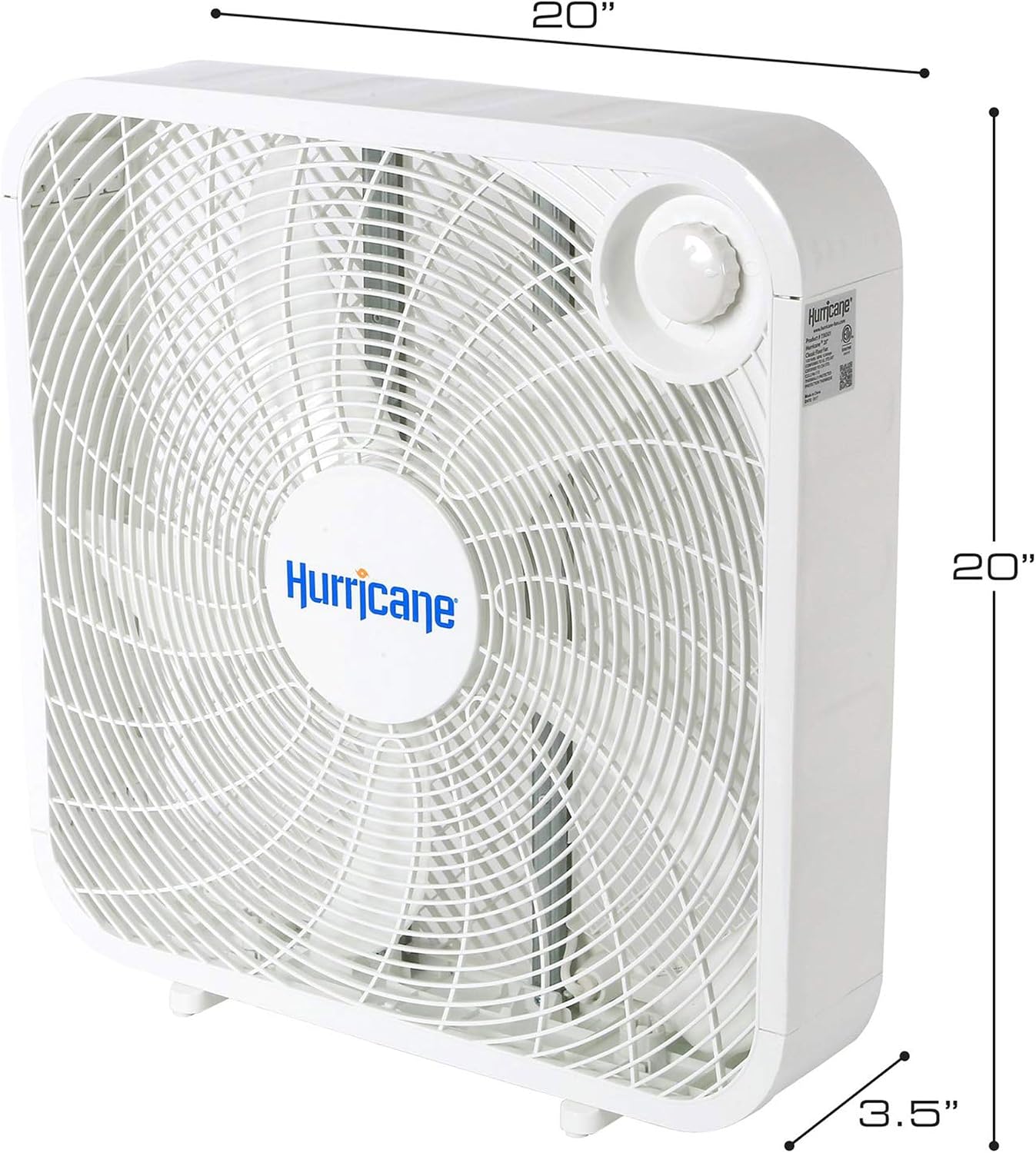 Hurricane Classic Floor Box Fan with 3 Speed Settings, White - 20in | Corded Portable Electric Air Cooling Unit w/ Powerful 2400 CFM Airflow for Home, Garage, Office, Bedroom & Basement