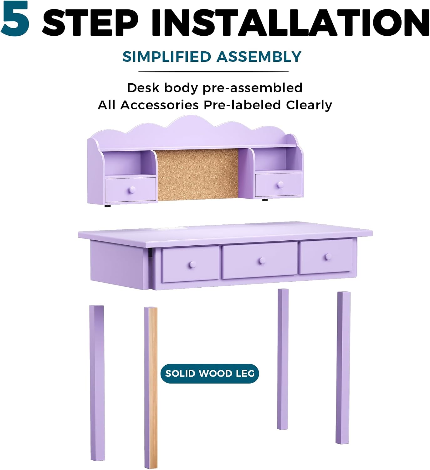 FUNKOCO Writing Desk with Hutch, 40" Small White Desk for Girls, 5 Drawers
