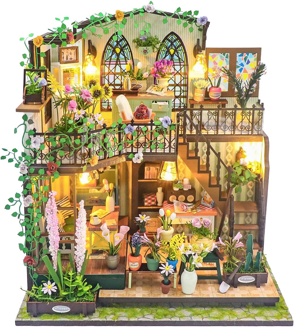MAGQOO Wooden Dollhouse Miniature with Furniture DIY Dollhouse Kit DIY House Kit Tiny House Kit with Voice Control and Music Movement 1:18 Scale Creative Room Idea(Time Travel)
