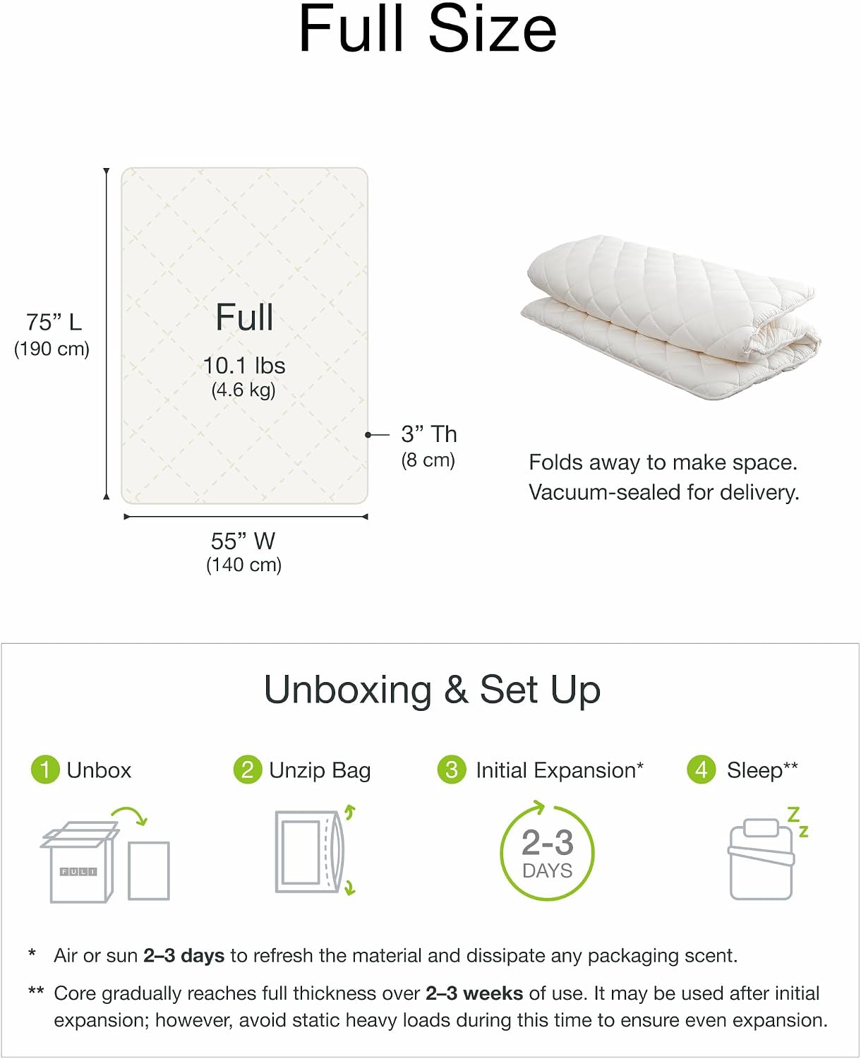 FULI Japanese Futon, Twin XL Size, White - Foldable Shikibuton Floor Bed | Medium Firm Quilted Cotton Sleeping Pad, Portable Roll-Up Japanese Floor Bed for Guests & Small Spaces, 100% cotton surface