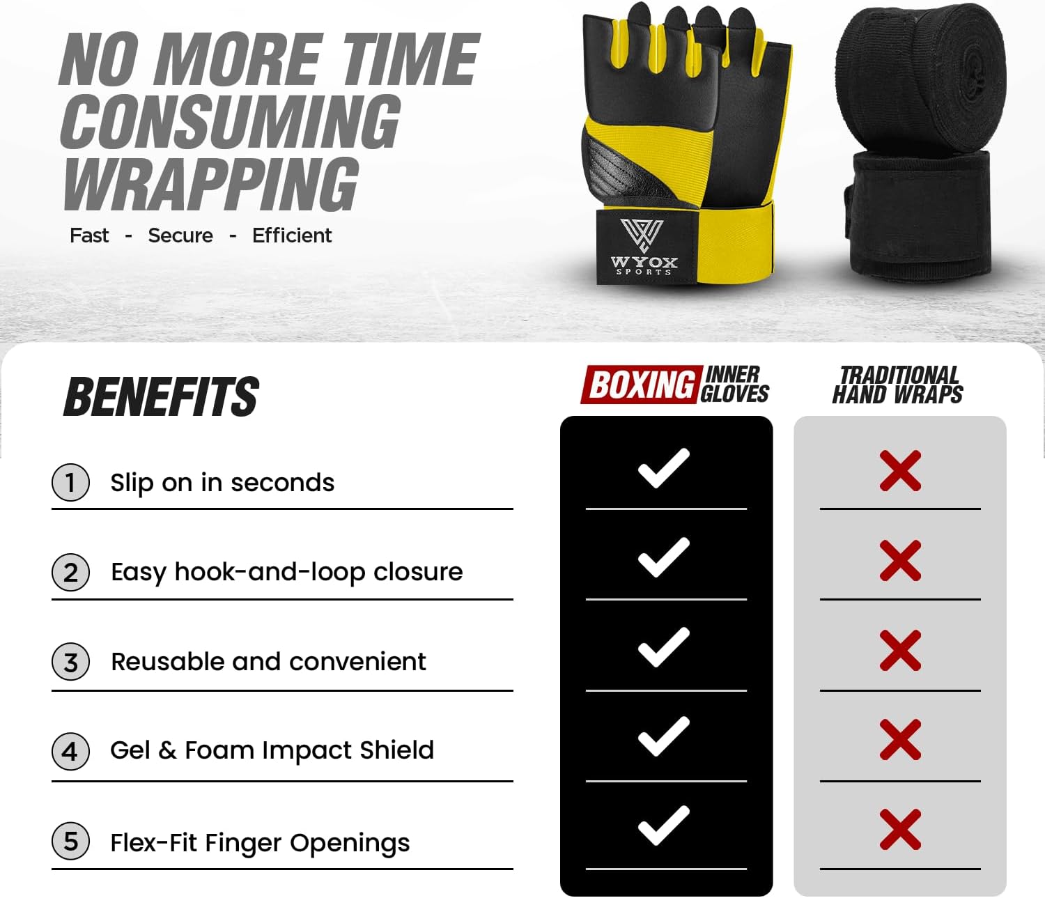 WYOX Neoprene Gel Boxing Hand Wraps Inner Gloves for Men & Women – 80cm/31in Quick Wrist Strap, Padded Knuckle Protection