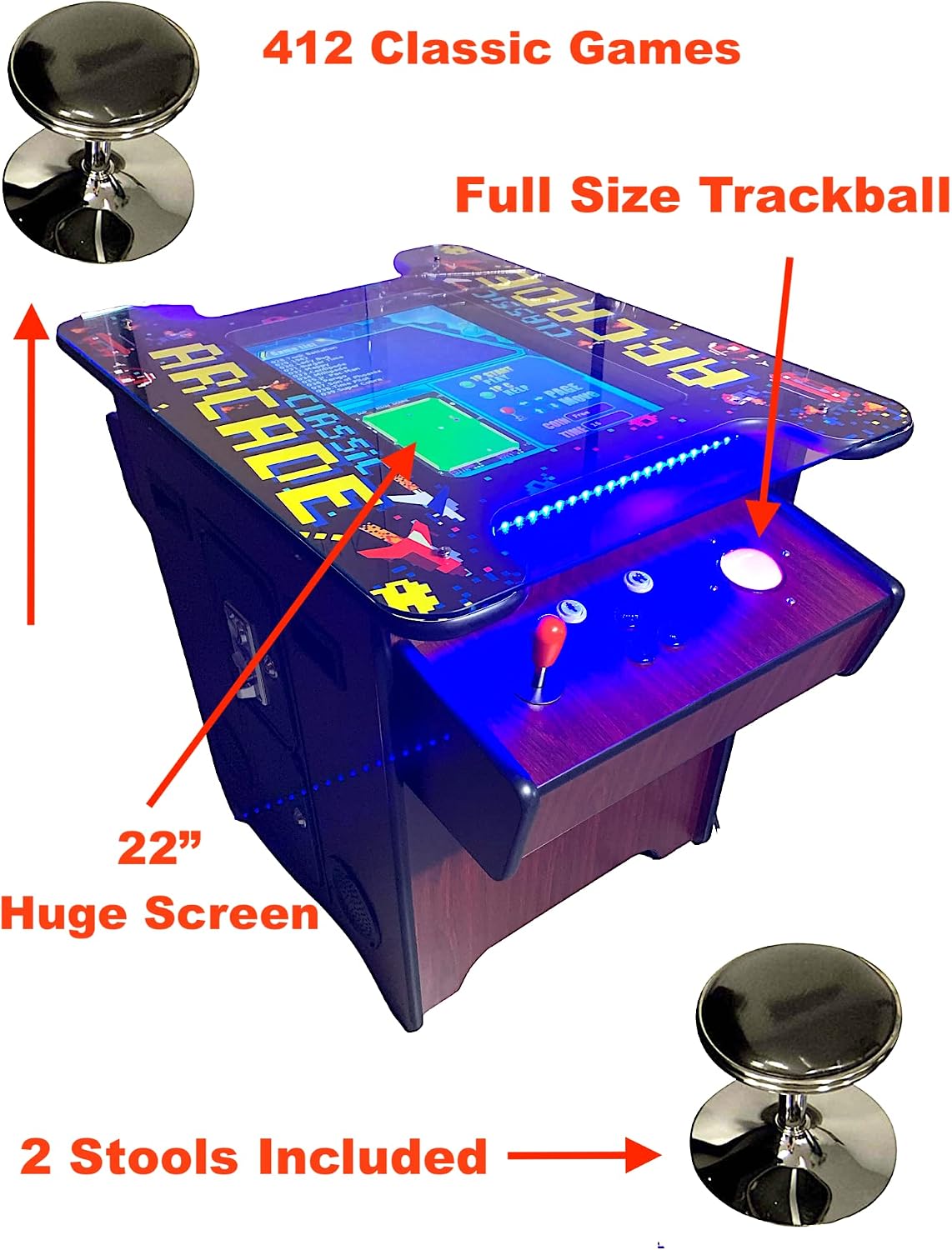 Full Size Commercial Grade Cocktail Arcade Machine 2 Player Upgraded Trackballs 412 Games 22" LCD Screen Tempered Glass 2 Stools Included 5 Year