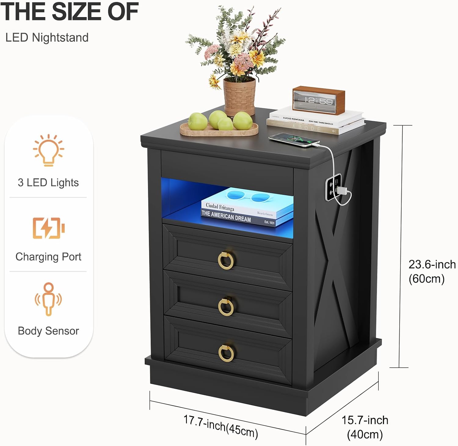 Smart LED Nightstand with Lockable Gun Drawer & Glass Top（Black） | Modern Bedside Table with Charging Station and Hidden Storage, LED Night Stand with 4 Drawers & Motion Sensor for Bedroom