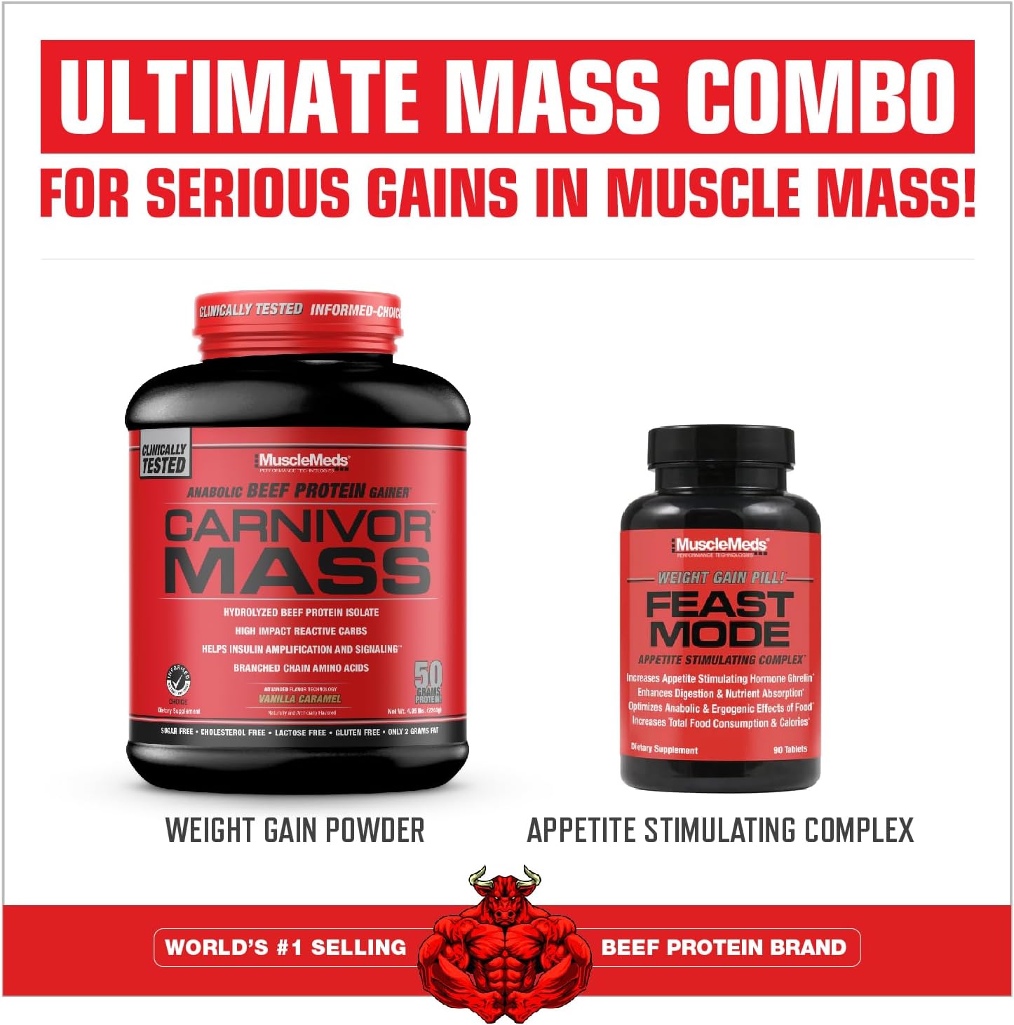 MuscleMeds CARNIVOR Mass Gainer Beef Protein Isolate Shake, 50 Grams Protein, 125 Grams Carbs, 0 Fat, 0 Sugar, Lactose Free, Halal Certified, Chocolate Peanut Butter, 6 Pound