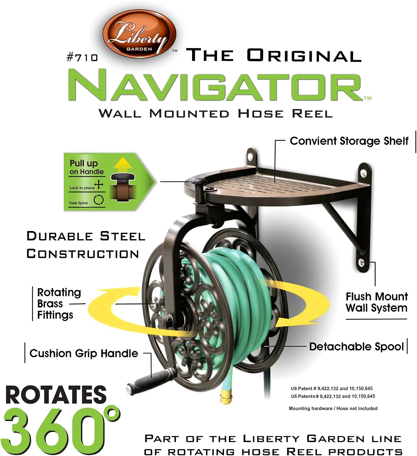 Liberty Garden 710 Navigator Rotating Garden Hose Reel, Holds 125-Feet of 5/8-Inch Hose - Bronze