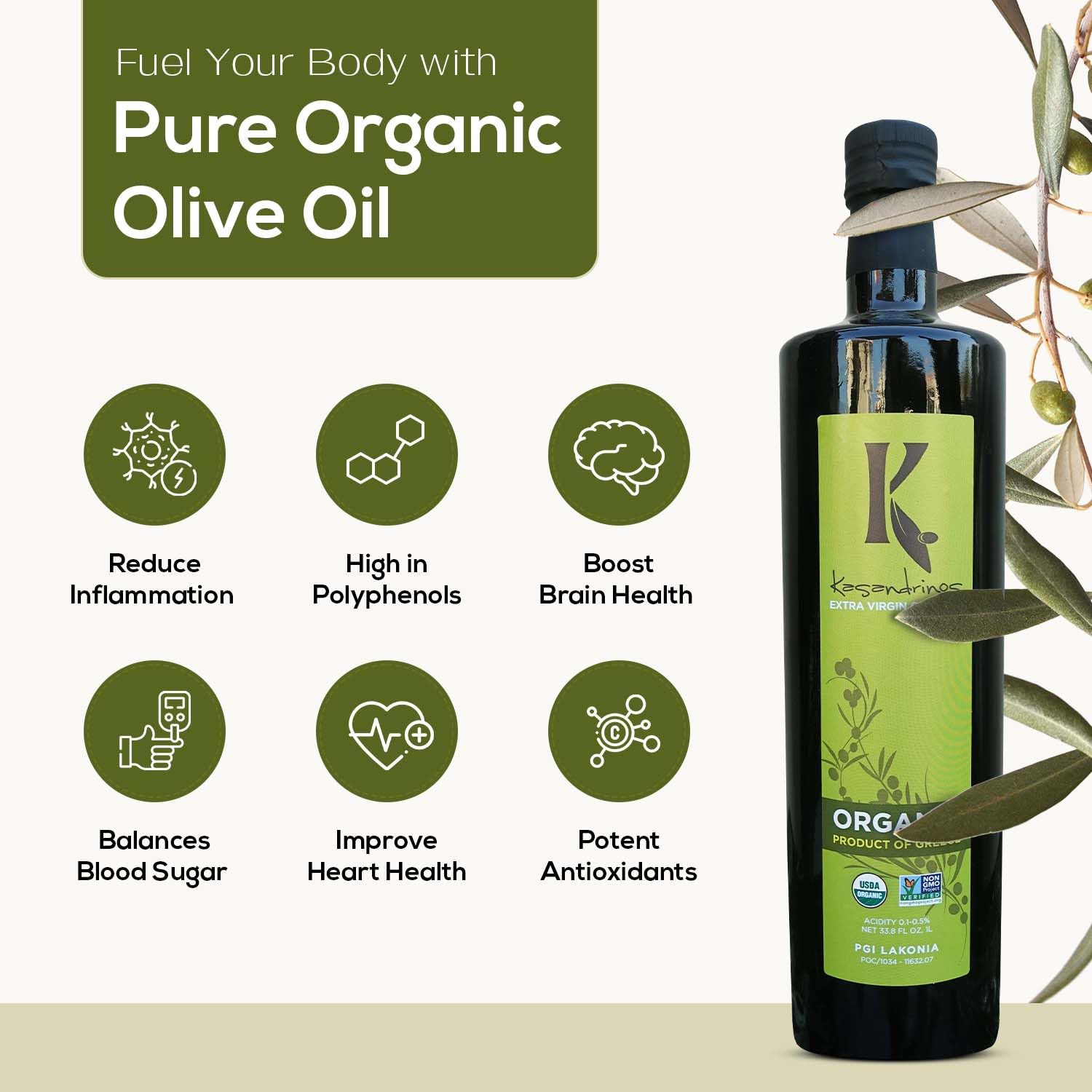 Kasandrinos Organic Olive Oil Extra Virgin, Polyphenol Rich Greek Olive Oil, 100% Organic First Cold Pressed, Mild + Delicate Flavor, Verified by Non GMO, 500 ml / 16.9 oz