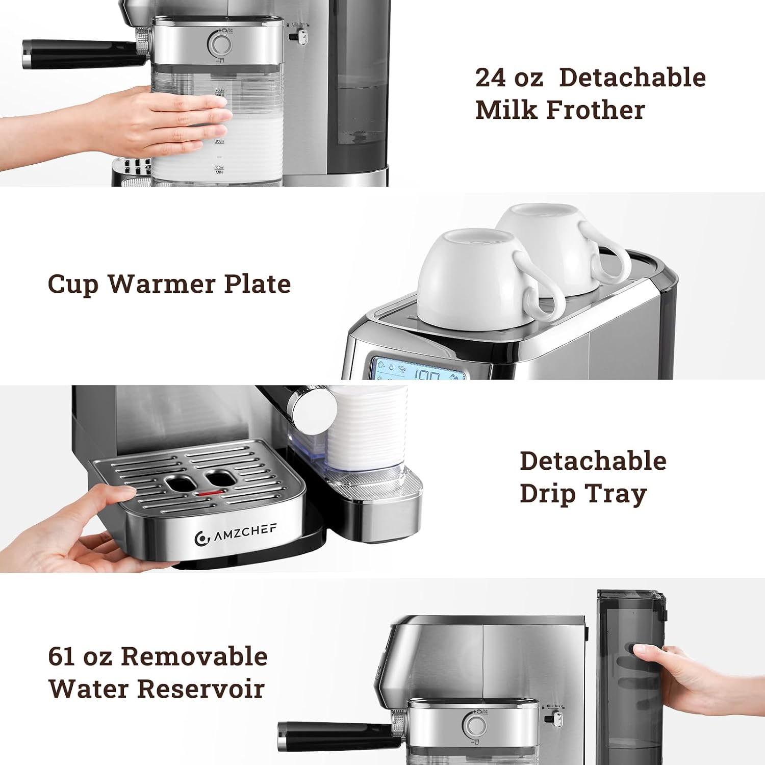 AMZCHEF Espresso Machine, Auto Milk Frother, 20 Bar Pressure | Home Coffee Maker with 61oz Removable Tank & LCD Display, One-Touch Latte for Beginners