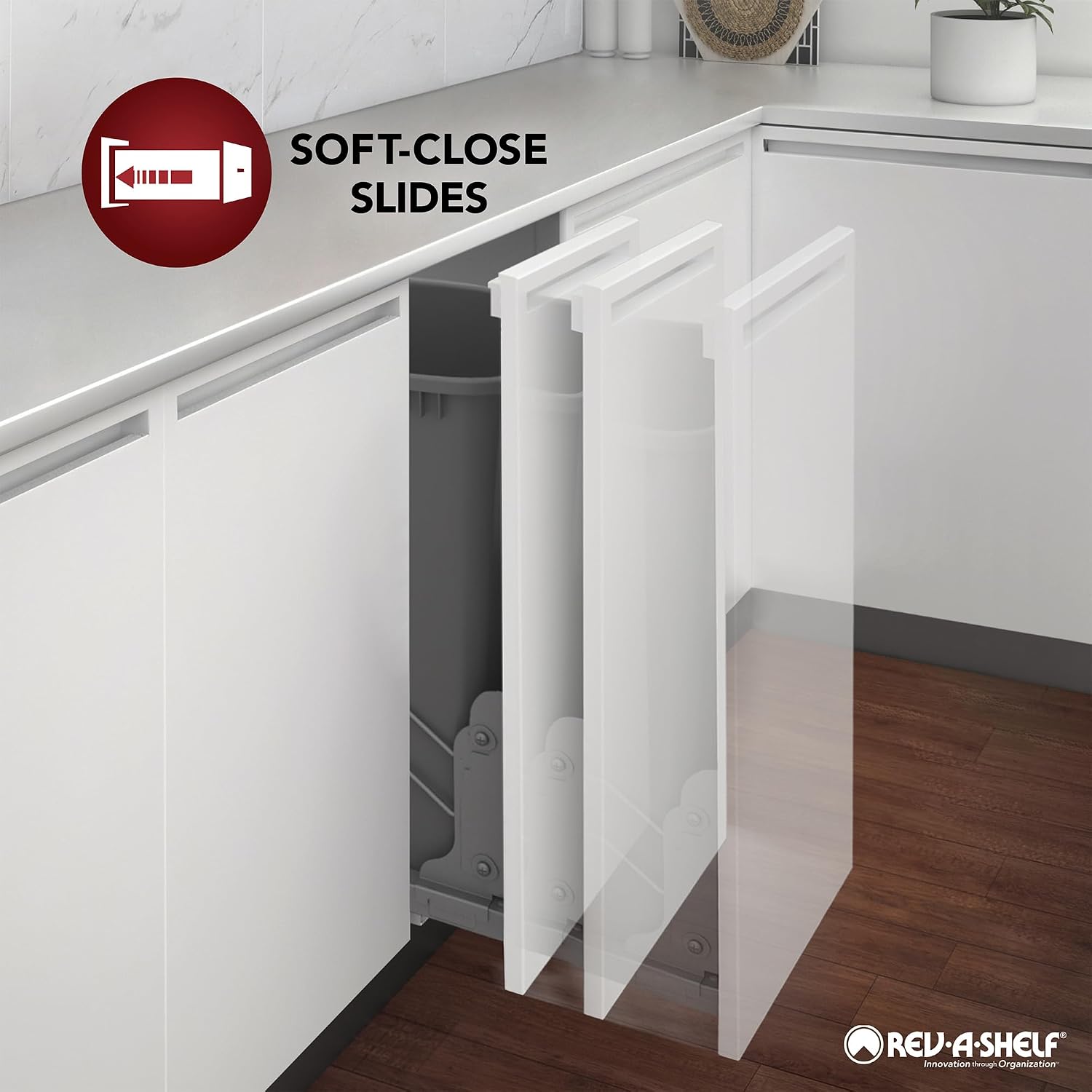Rev-A-Shelf 35 Qt Bottom Mount Single Pullout Under Cabinet Kitchen Trash Cans for Base Cabinets, 150 Pound Rated Full-Extension Slides, Min Opening Width of 11.5", Silver, 4WCBM-15DM-1