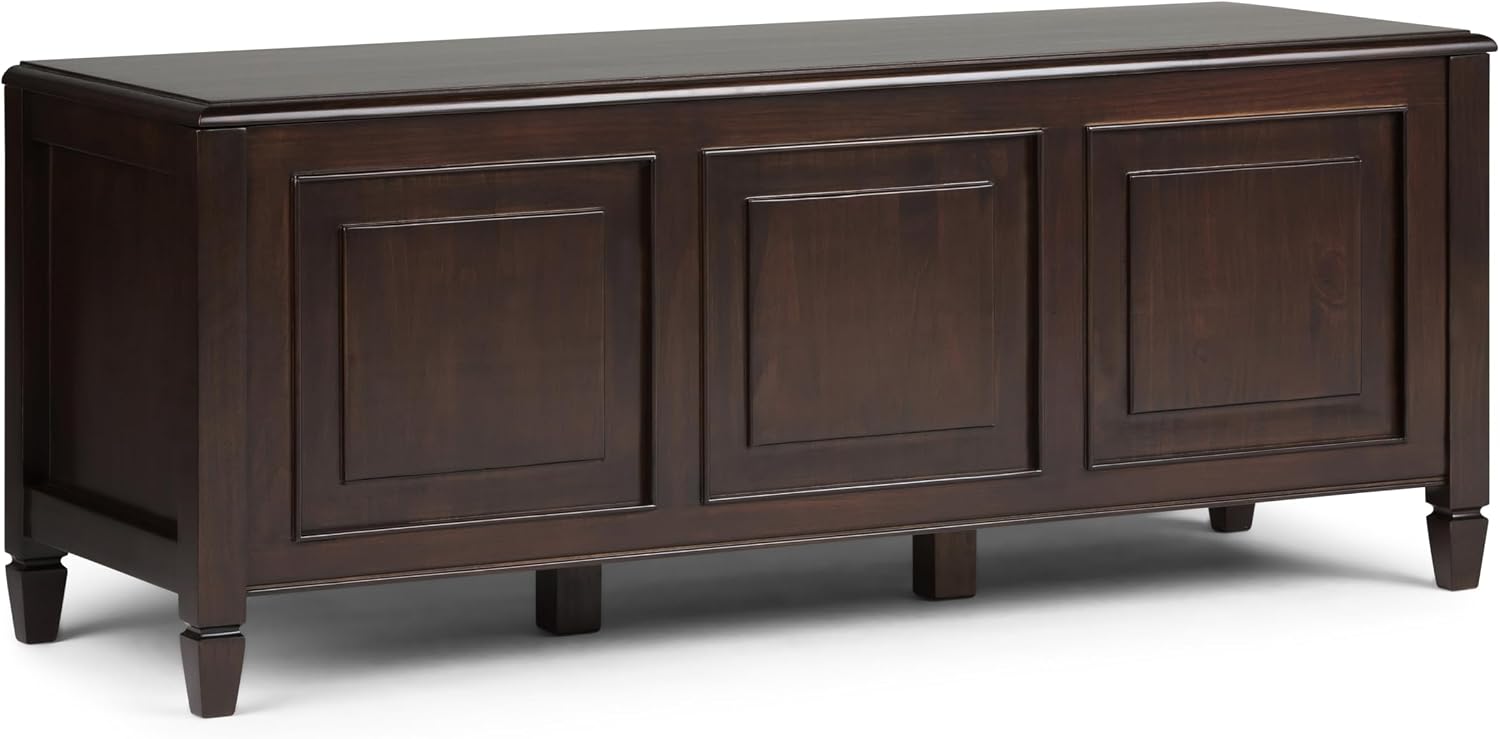 SIMPLIHOME Harvey 47" Wide Solid Mango Wood Bench in Natural | Traditional entryway bench in dark chestnut brown with a lift-up lid and 3 hidden compartments; shoe or hallway bench.