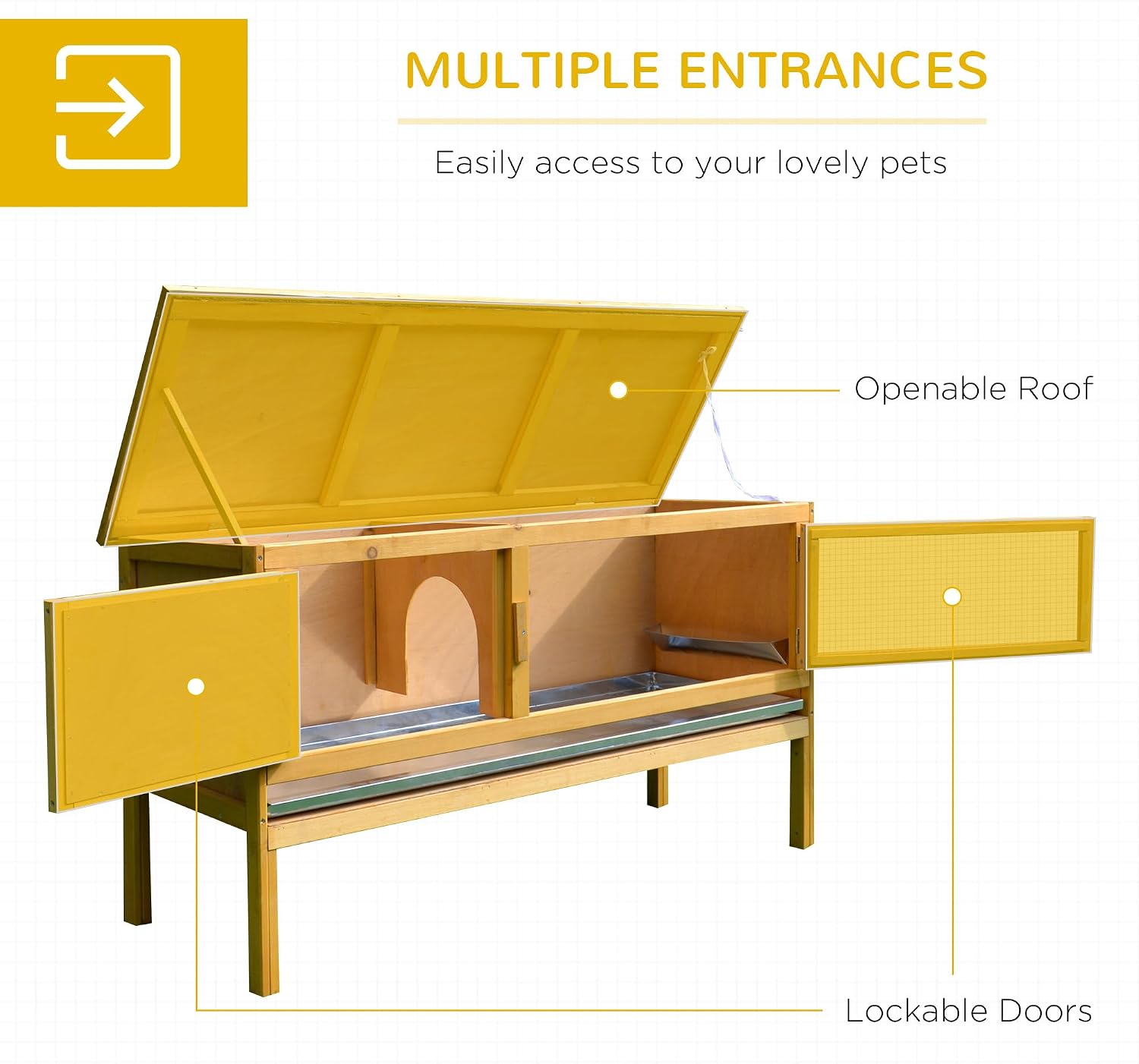 PawHut Wooden Rabbit Hutch Bunny Cage Openable Waterproof Roof for Rabbits | No Leak Tray, Solid Fir Wood Build, for Chickens, Ducks, Indoor/Outdoor