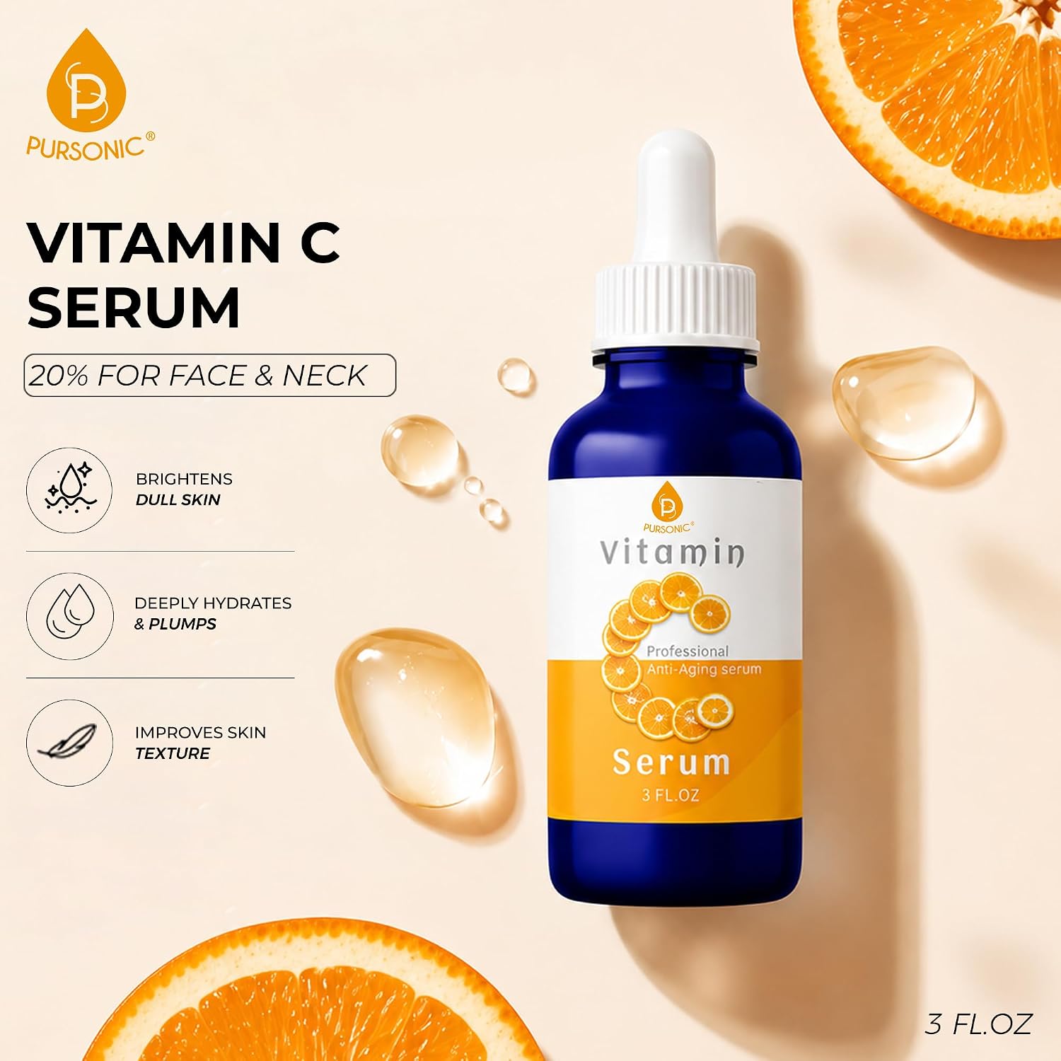 Pursonic Vitamin C Serum, 20% is a high potency Best Organic Anti-Aging Moisturizer Serum for Face, Neck & Décollete and Eye Treatment (3 fl. oz)