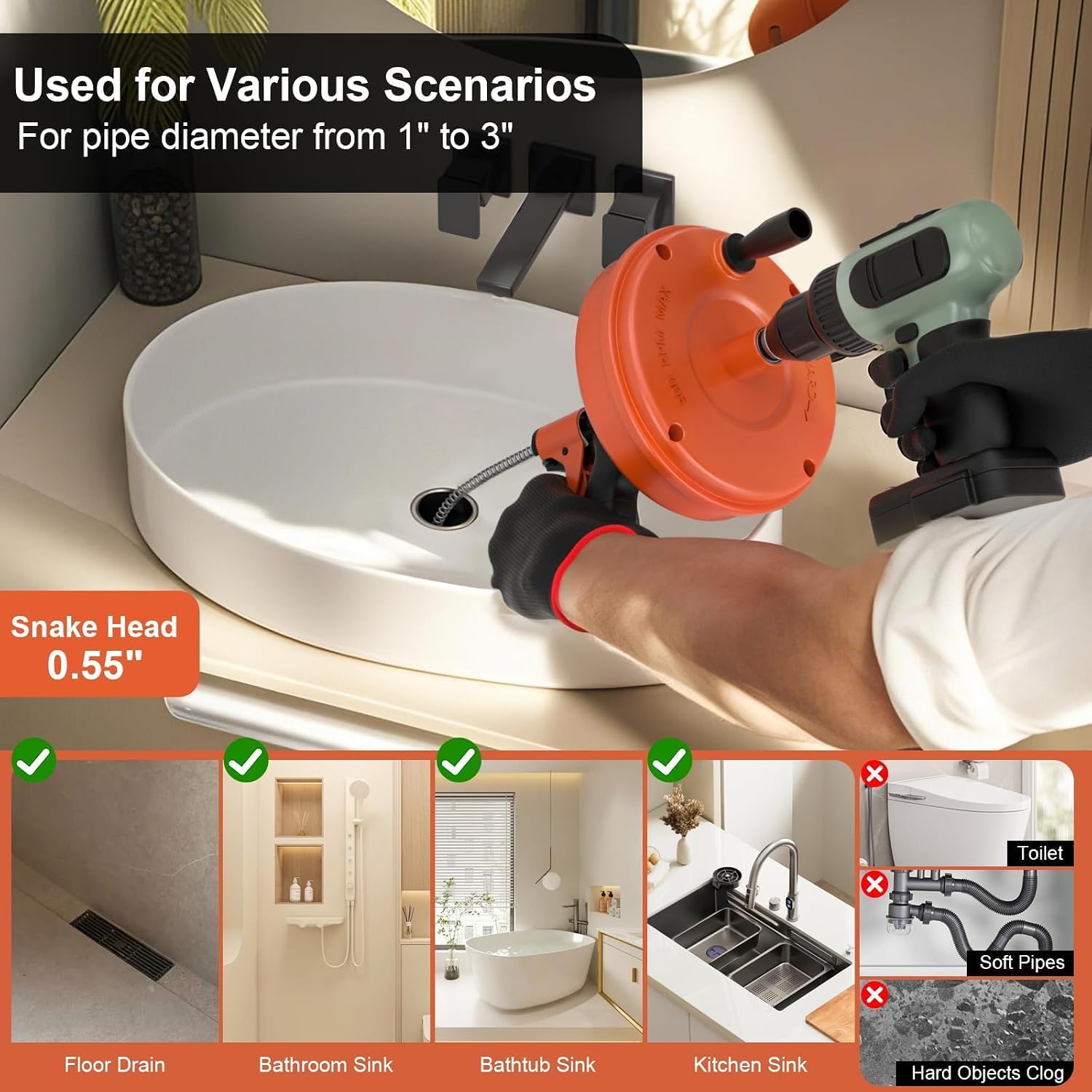 【2026 Newest】50 FT Drain Snake, Plumbing Snake Drain Auger Hair Clog Remover, Flexible Plumbing Snake Use Manually or Powered for Kitchen