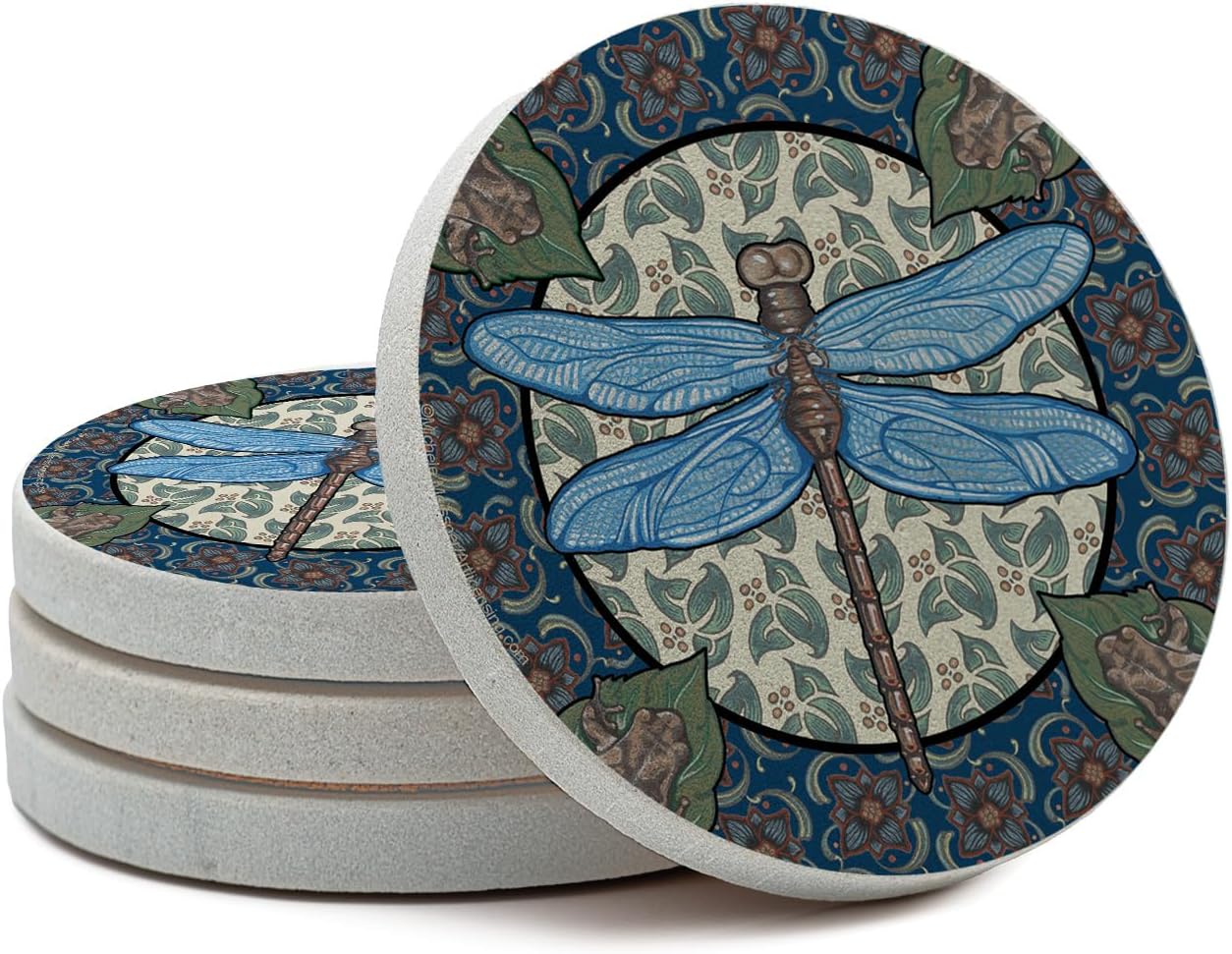Thirstystone Apple Dragonfly 4 Pack Round Natural Sandstone Coasters | Manufactured in the USA, Decorative, Easily Wipes Clean