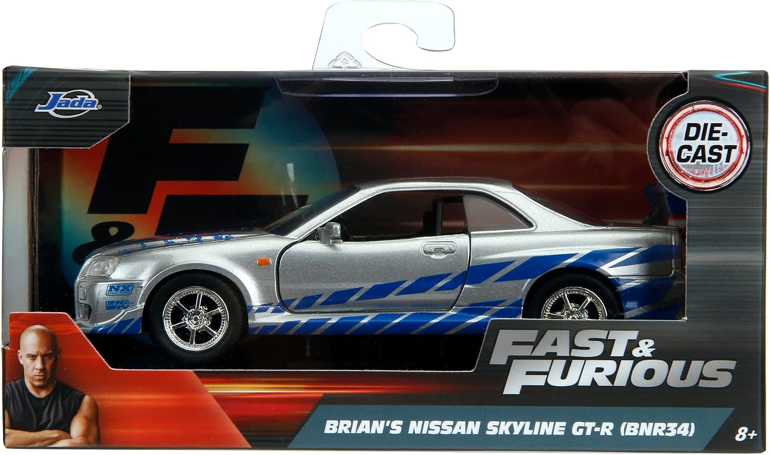 Jada Toys Fast & Furious 1:32 Brian's Nissan Skyline GT-R R34 Die-cast Car Silver/Blue, Toys for Kids and Adults