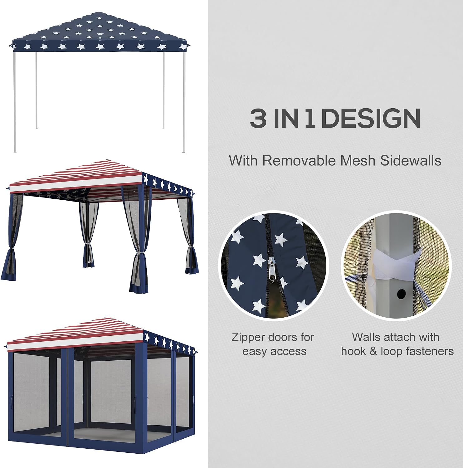 Outsunny 10' x 10' Pop Up Canopy Tent with Netting Carry Bag American Flag | Instant Gazebo, Screen House Room, Height Adjustable, Outdoor, Garden