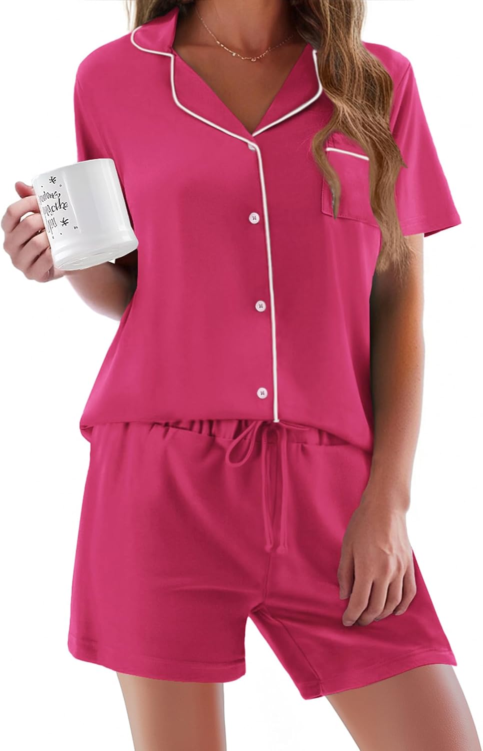 Ekouaer Pajamas Set for Women Short Sleeve Sleepwear Button Down Pj XS-XXXL | Summer 2 Piece Lounge Set, Soft Fabric, Drawstring Waistband, for Bridesmaid Bride Party, Plus Size, Petite, Cute Pattern